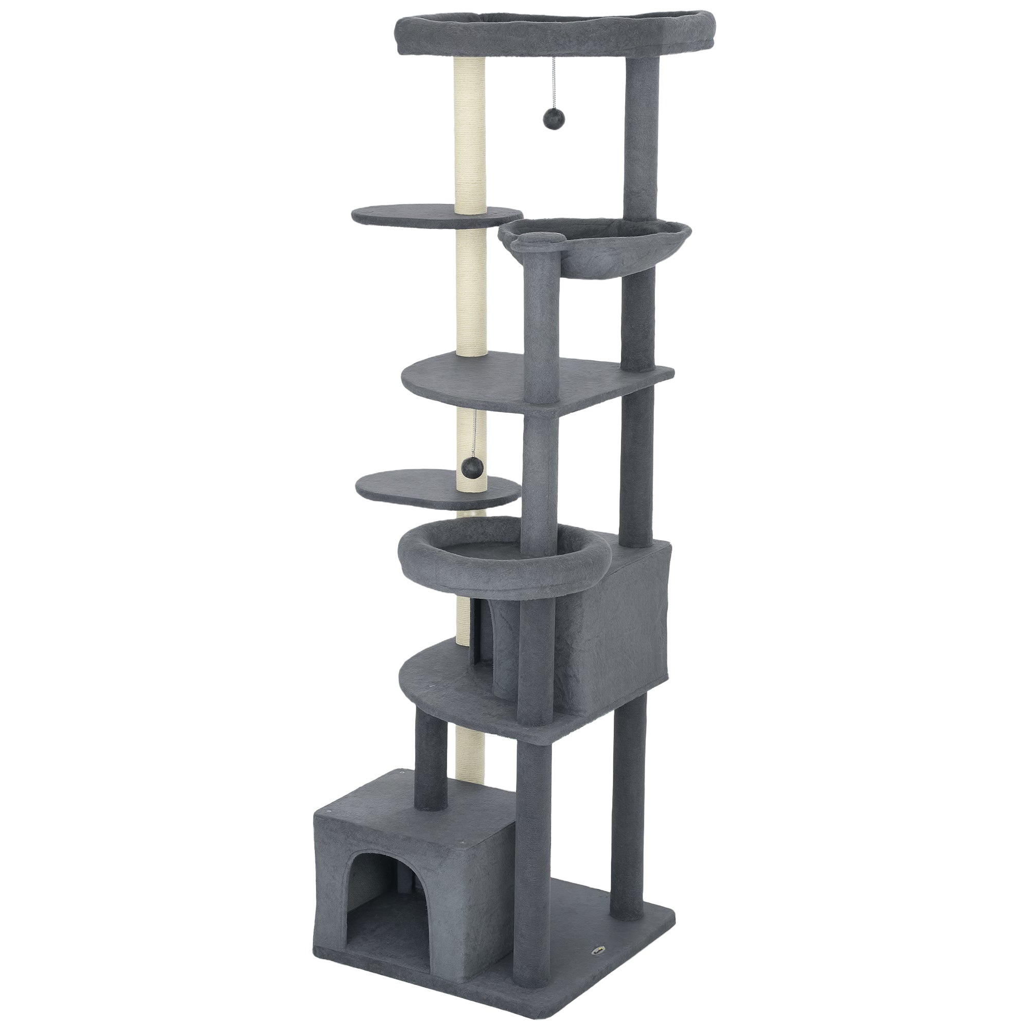 79" Extra Tall Cat Tree with Scratching Posts, Perches, Caves, Hammock, Pompoms, for 2-3 Indoor Cats, Dark Grey