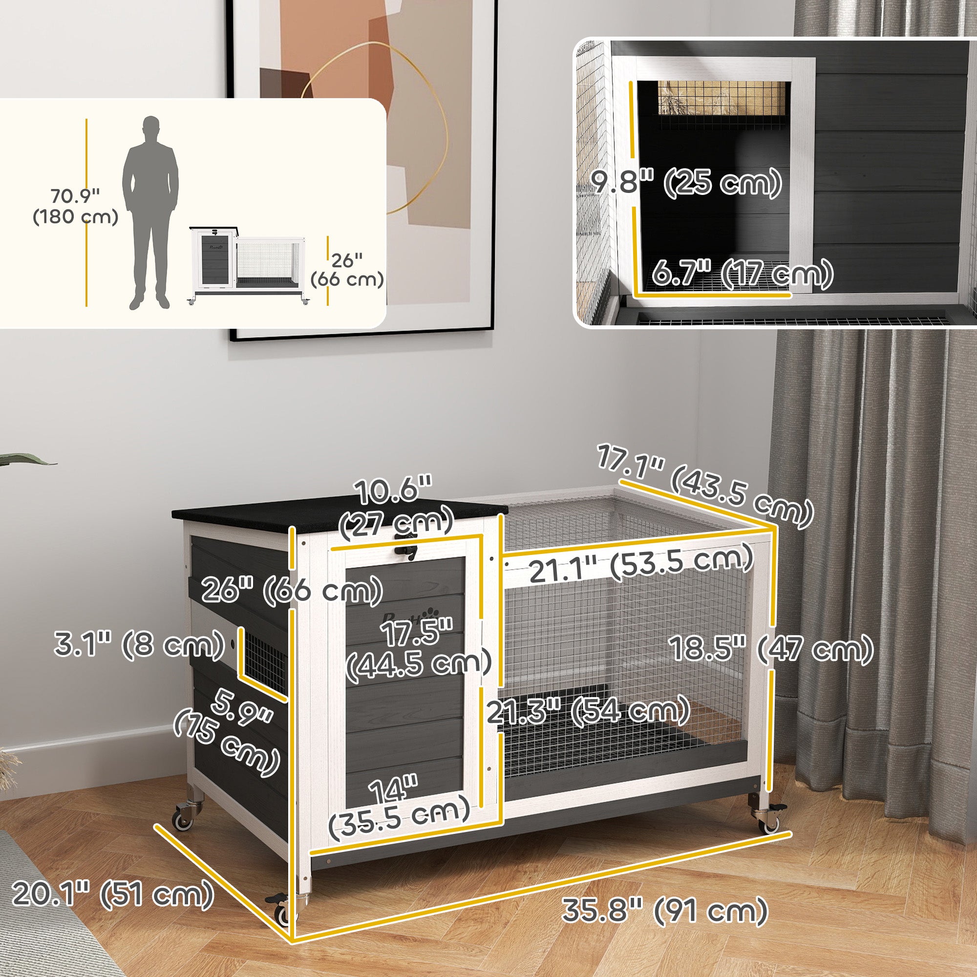 Wooden Rabbit Hutch with Pull-Out Tray, Asphalt Openable Roof, Small Animal Cage on Wheels with Run, Grey