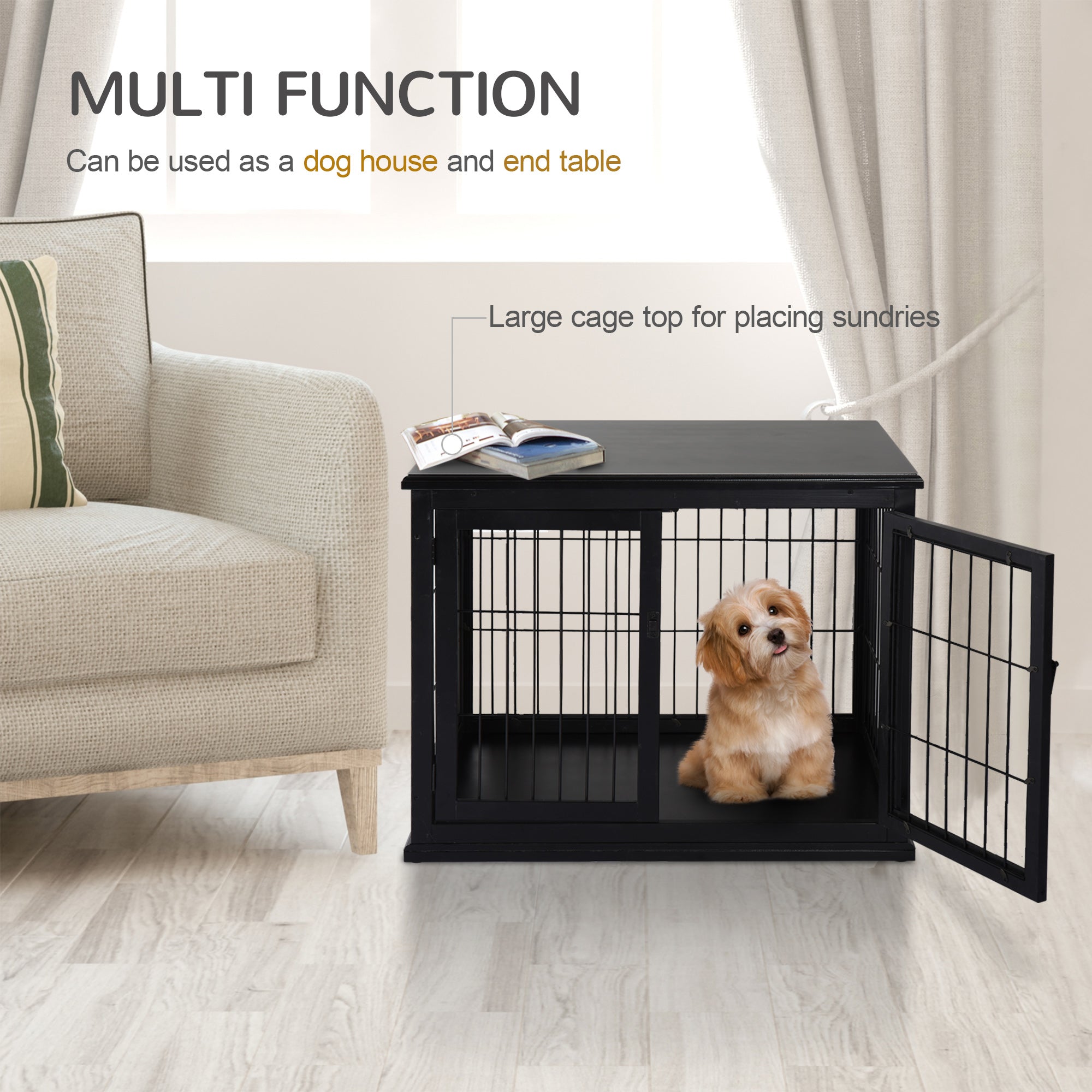 26" Wooden Dog Cage with Double Door Entrance & Simple Modern Design, Black