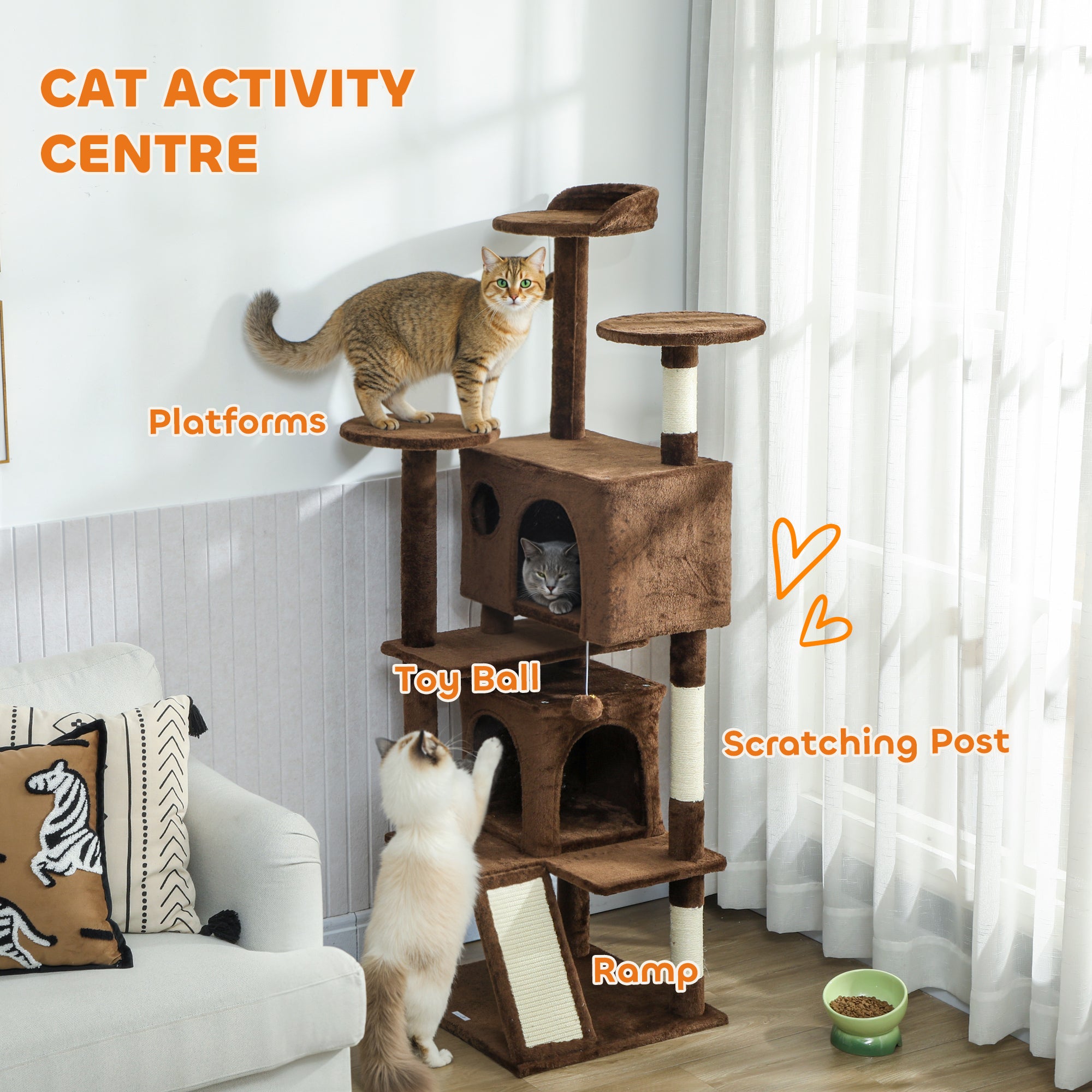 63" Cat Tree, Multi-Level Cat Tower with Scratching Posts, Cat Condos, Bed, Platforms, Ramp, Toy Ball, Light Brown