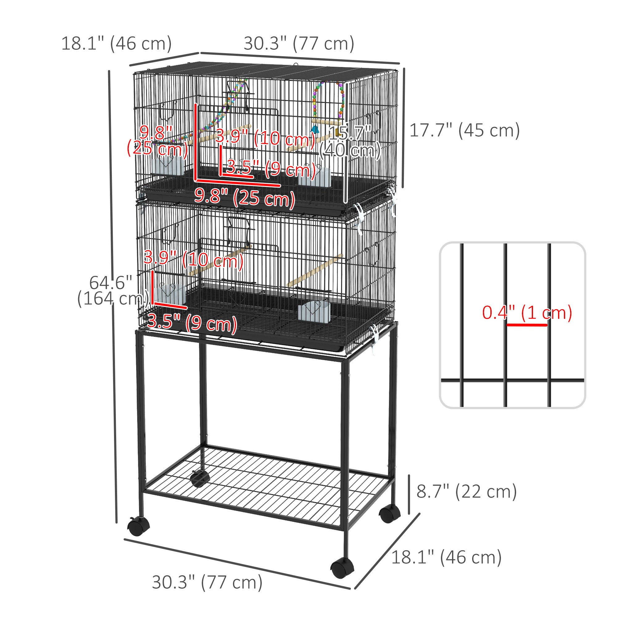 65" Birdcage for Canaries, Lovebirds Finches, Budgie Cage with Wheels, Black