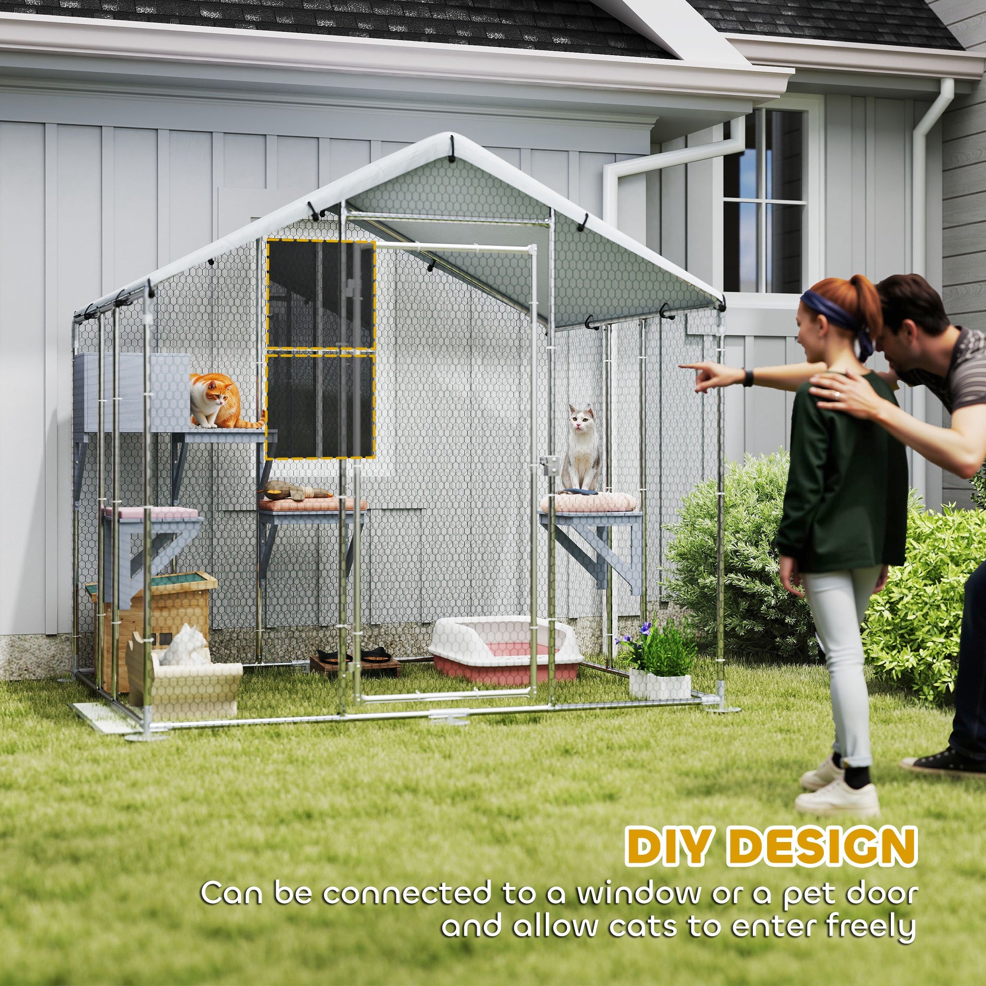 79" Extra Large Metal Outdoor Catio with Waterproof Cover, Resting Box, 4 Platforms, for Multiple Rabbits, Chicken