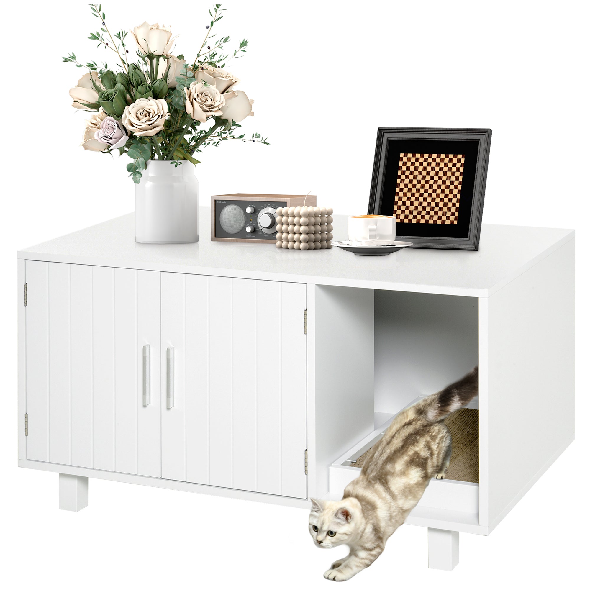 Meuble cache-litière pour chat, meuble-litière dissimulé, maison pour chat avec compartiment toilettes et griffoir, table d’appoint