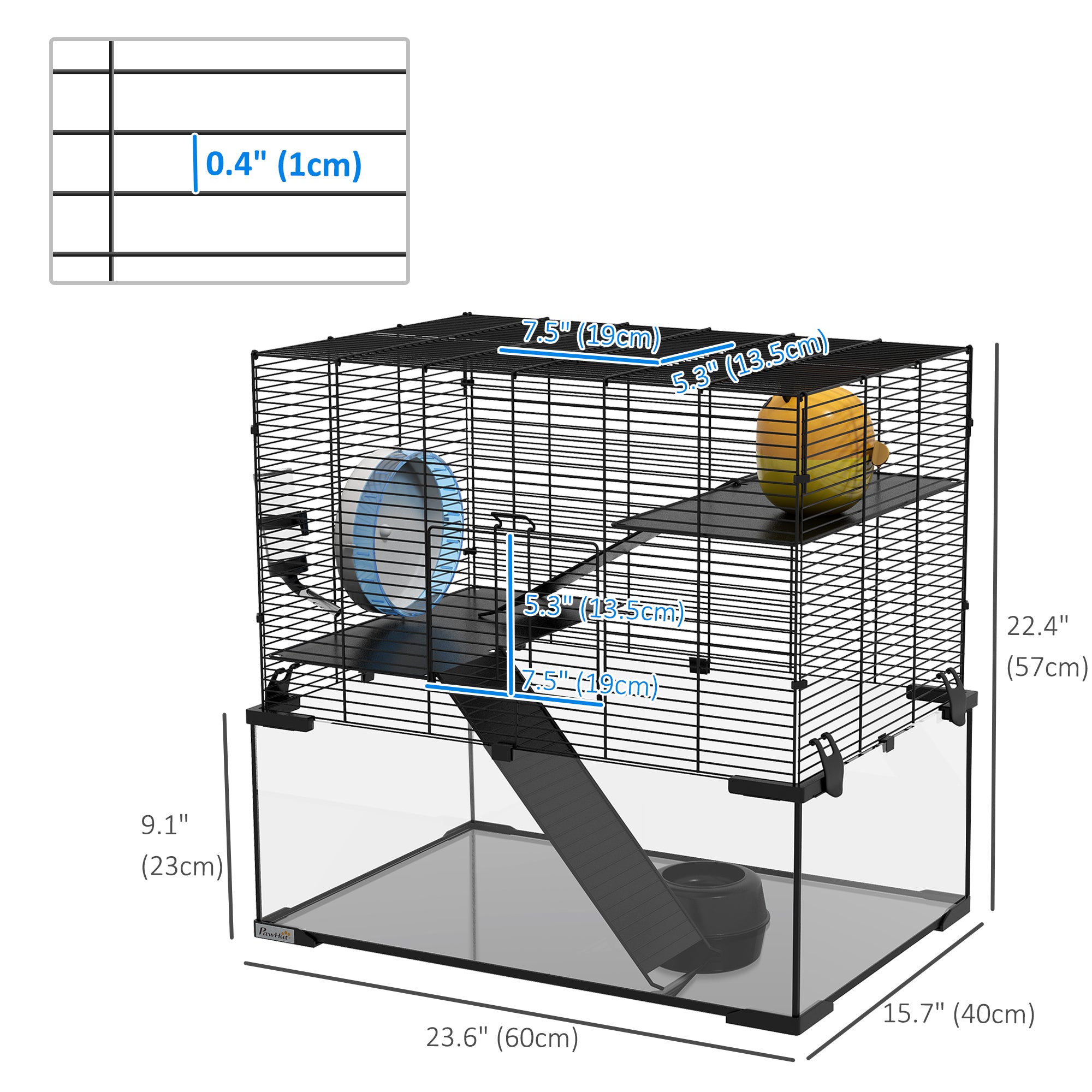 Hamster Cage, Gerbil Cage with Glass Basin for Small Hamsters, Black