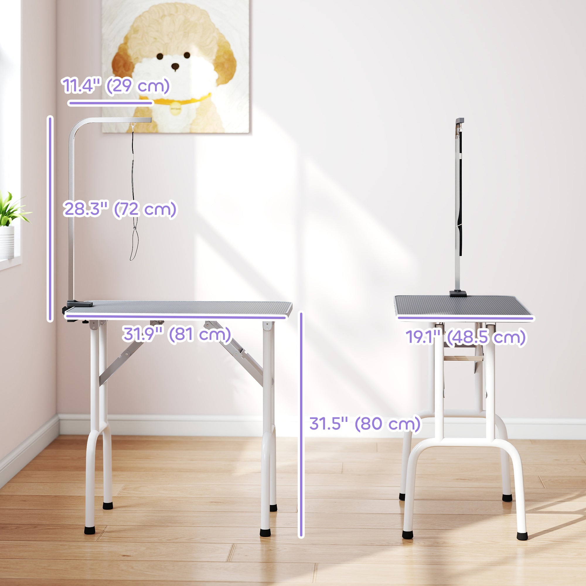 Foldable Pet Grooming Table for Dogs Cats with Adjustable Arm, Non-slip Surface, Grey