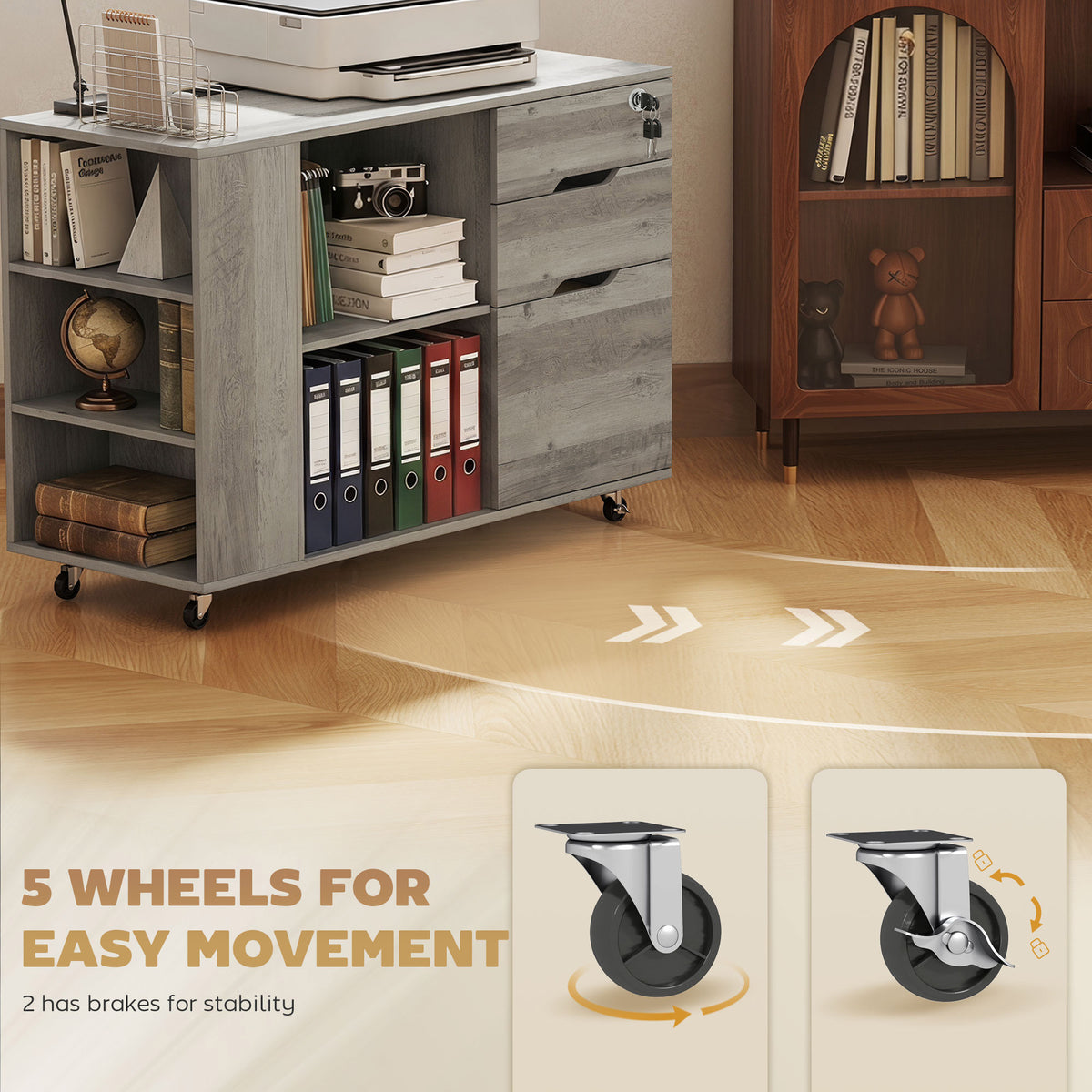 Mobile Filing Cabinet with Power Outlets - Light Gray Brown