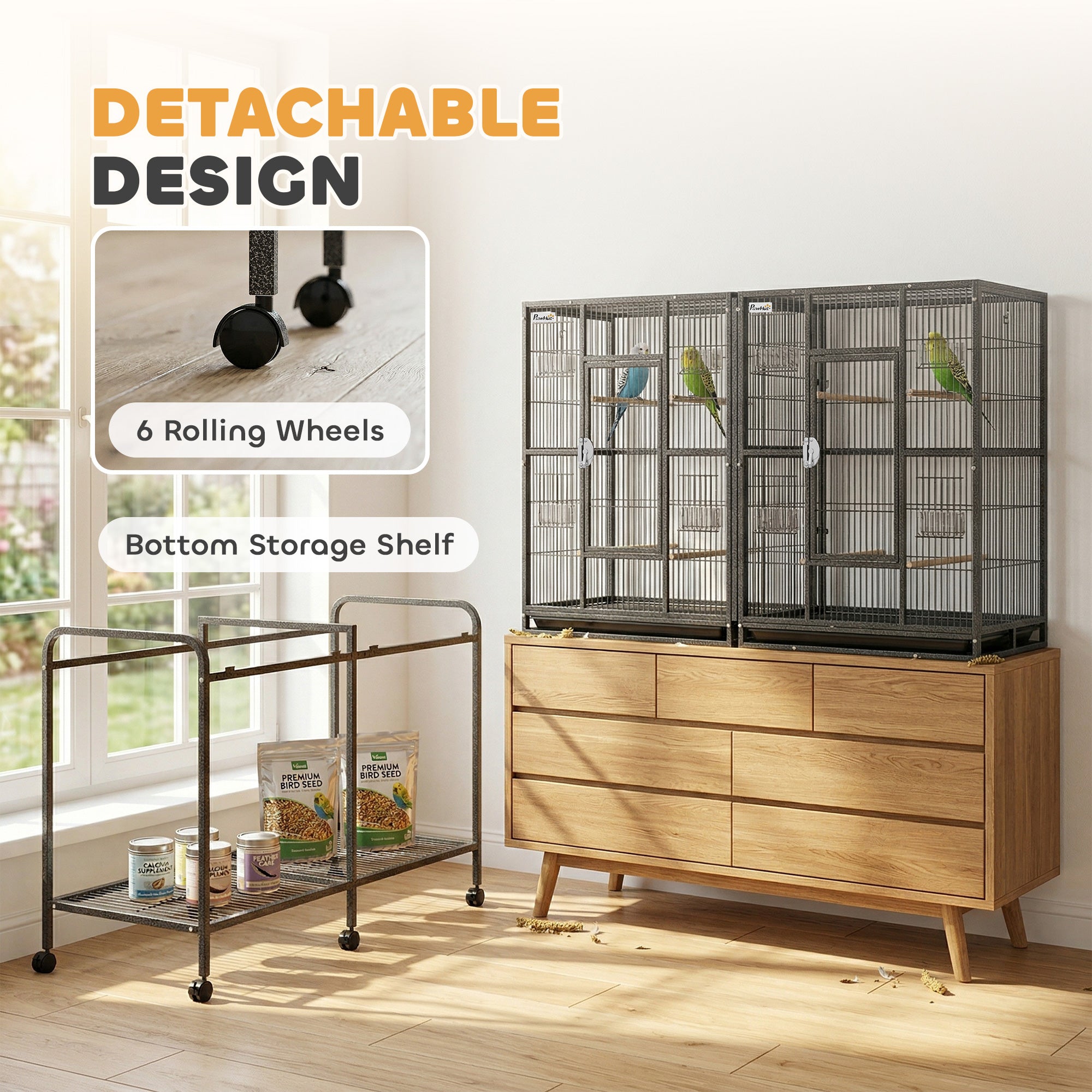 56"H Bird Cage, Parrot Cage w/ Detachable Rolling Stand, Removable Tray, Storage Shelf, Perches, Food Container