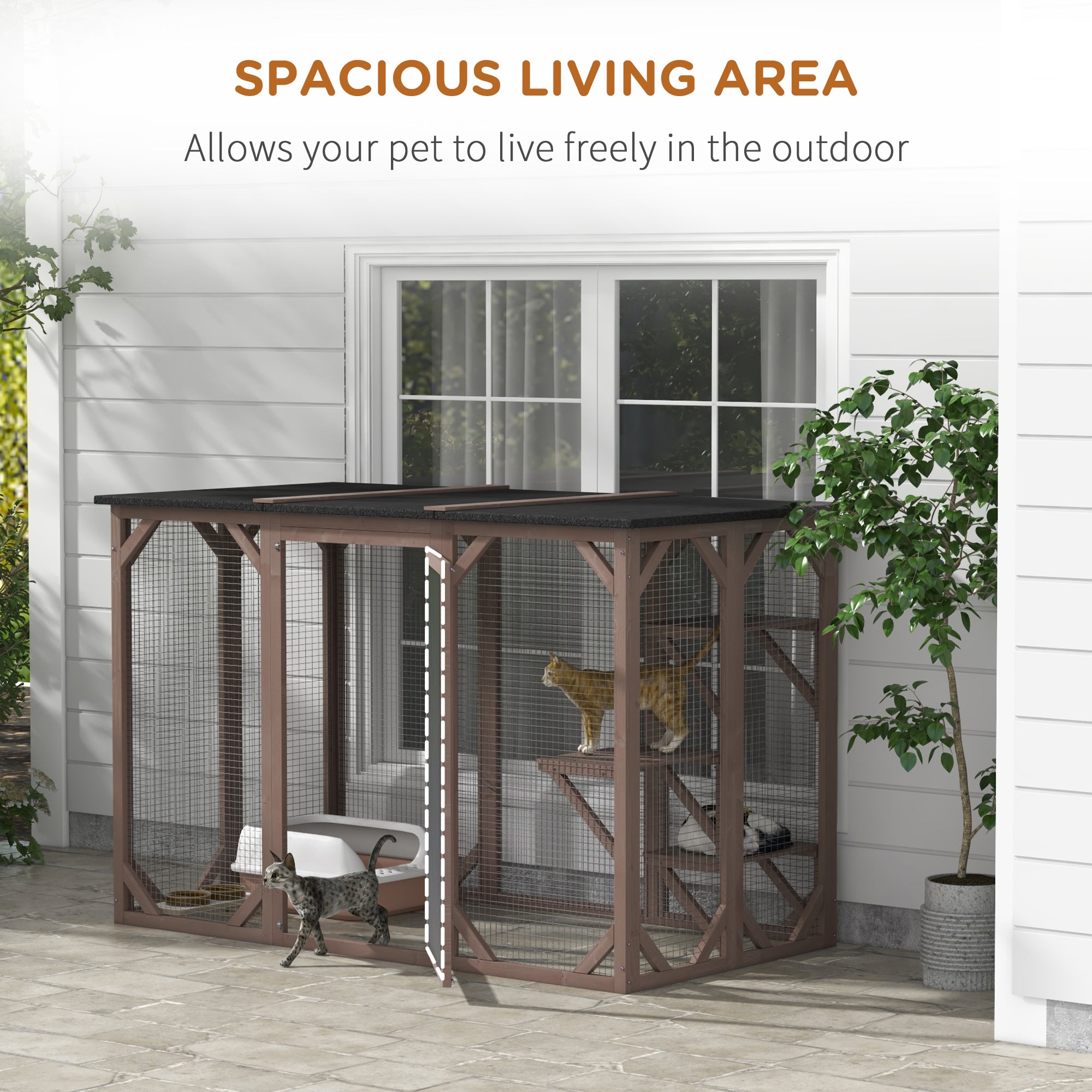 71"L Catio Outdoor Cat Enclosure, Indoor Cat Cage, Pet House, Small Animal Hutch for 1-2 Rabbit, Kitten, Kitty Crate Kennel w/ Waterproof Roof, Multi-Level Platforms, Brown