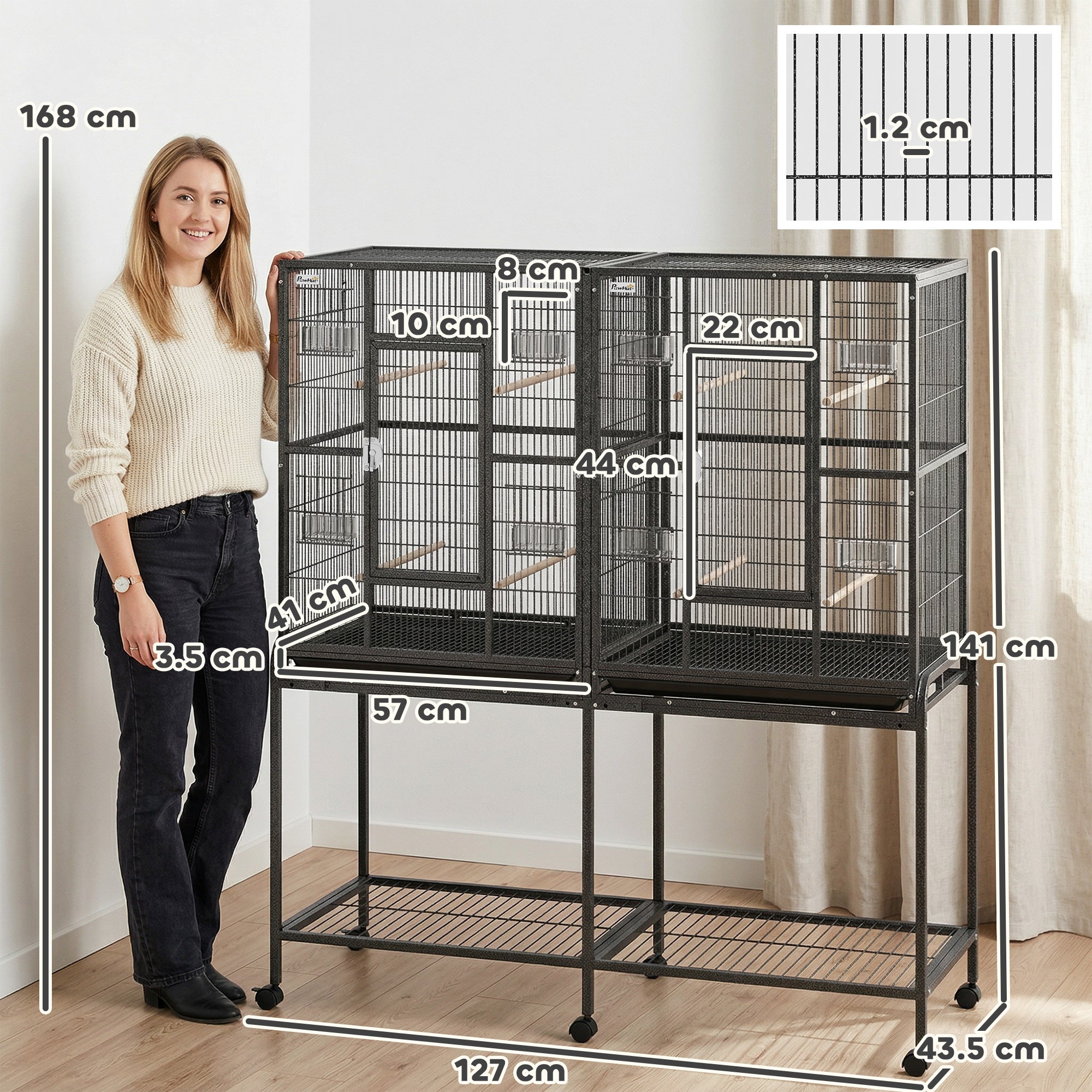 Cage à oiseaux de 56 po, cage à perroquet avec support roulant amovible, plateau amovible, étagère de rangement, perchoirs et récipient à nourriture