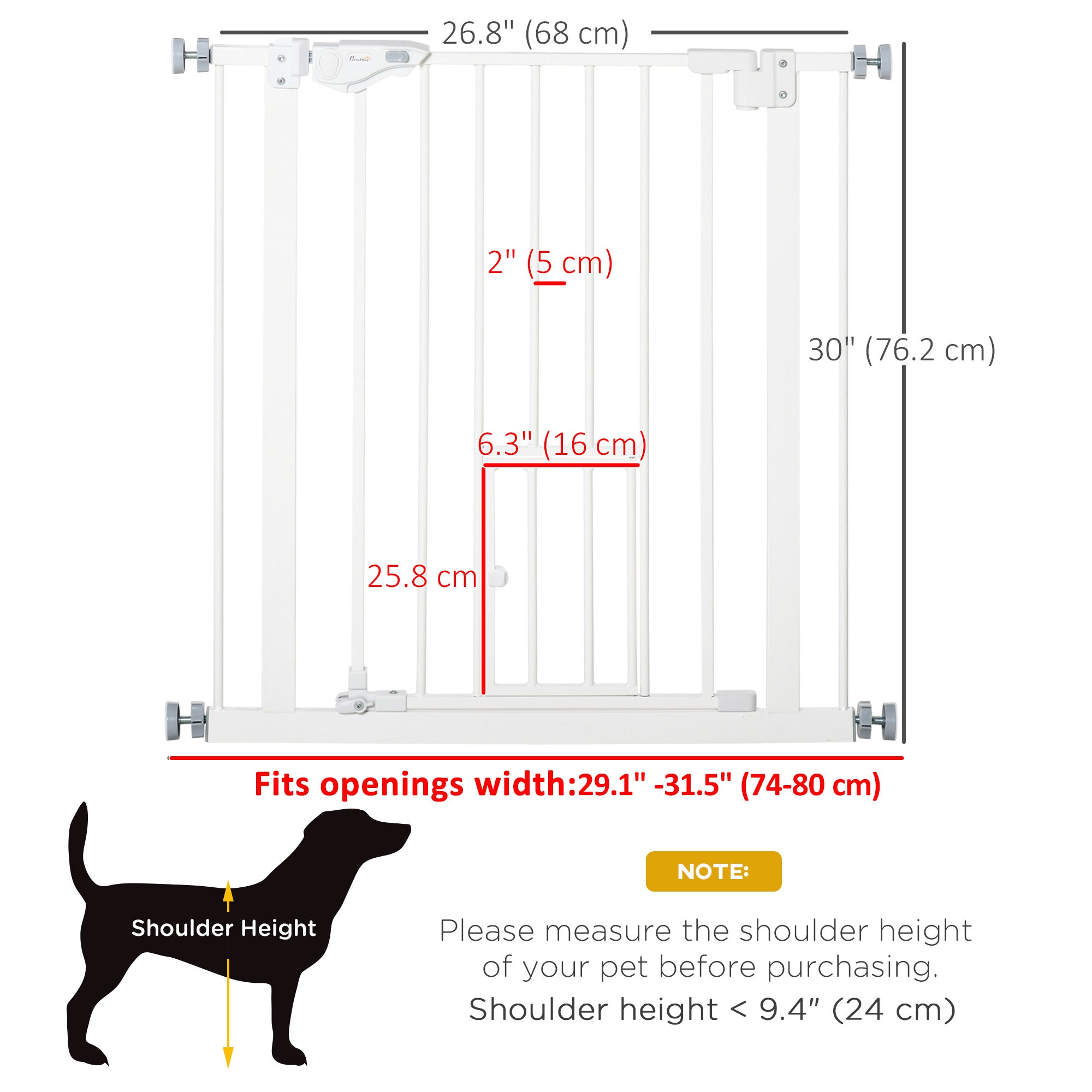 Barrière pour animaux extra-large à fixation par pression avec chatière, fermeture automatique, pour escaliers et couloirs, 29-32 pouces, blanche
