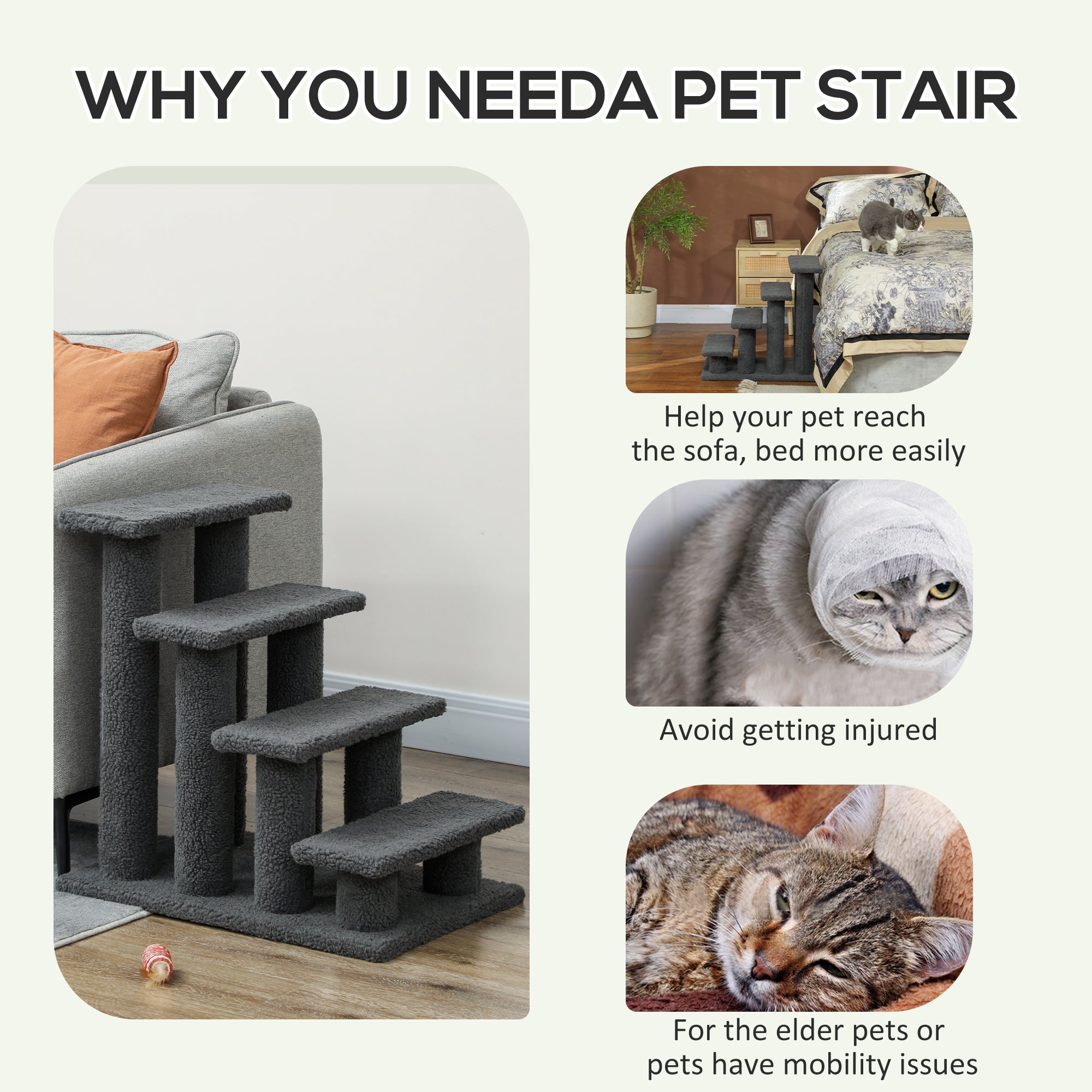 23.5" 4 Tier Pet Stairs Dog Cat Step Scratch Post Furniture, Dark Grey