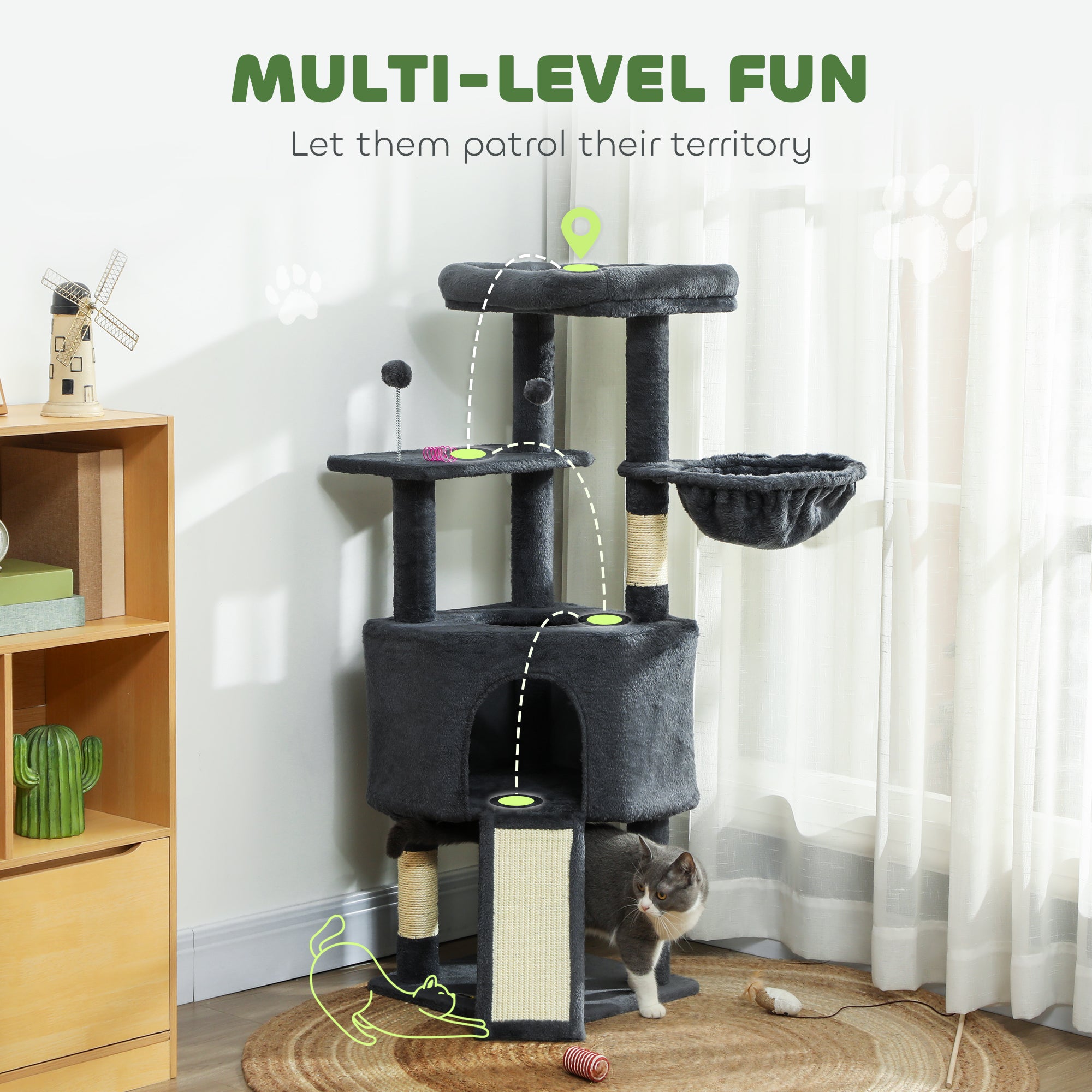 47 Inch Cat Tree, Cat Tower for Indoor Cats with Cozy Condo, Bed, Toy Balls, Sisal Scratching Posts, Hammock, Dark Grey