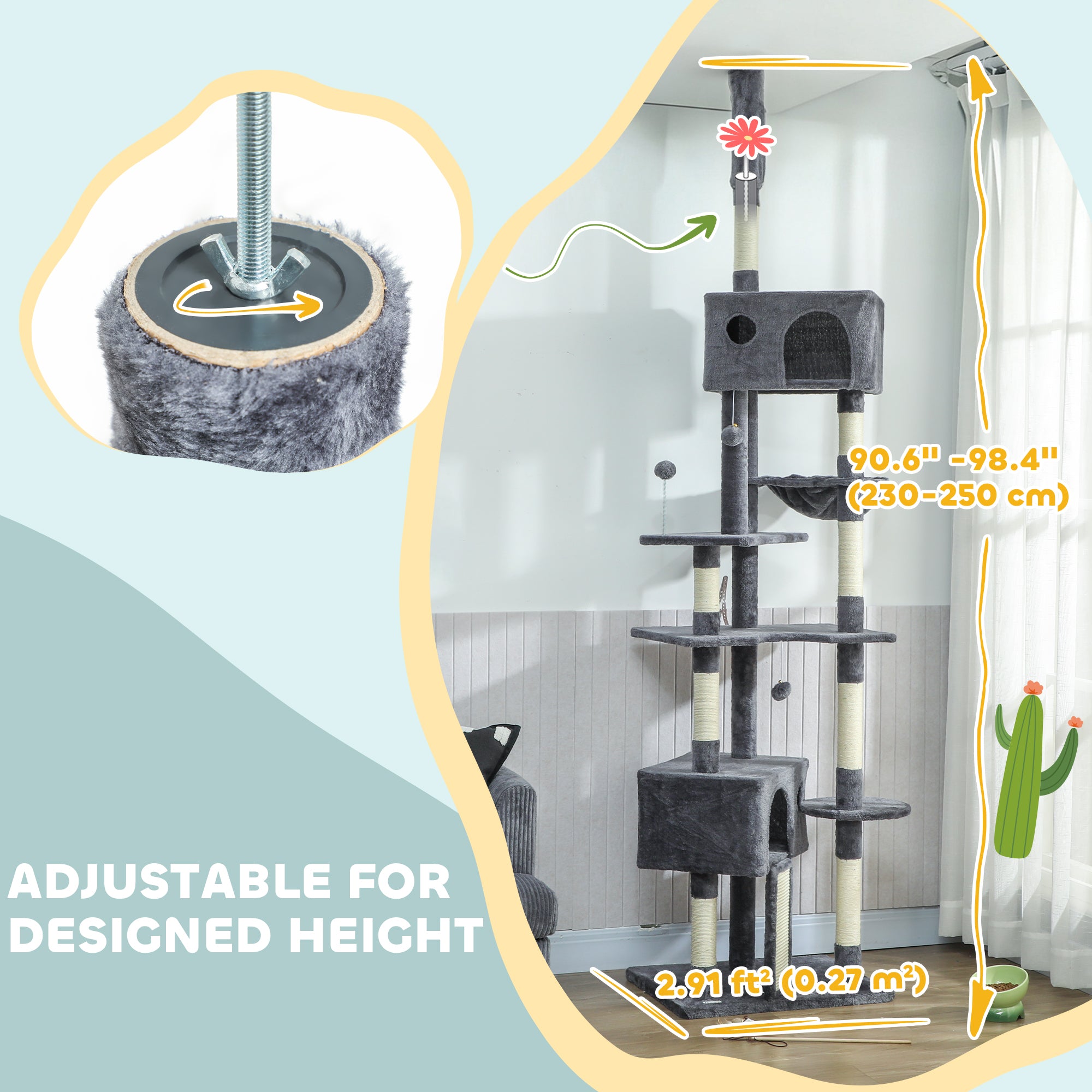 91"-98" Floor to Ceiling Cat Tree with 2 Condos, Hammock and Sisal Scratching Posts, for Indoor, Dark Grey