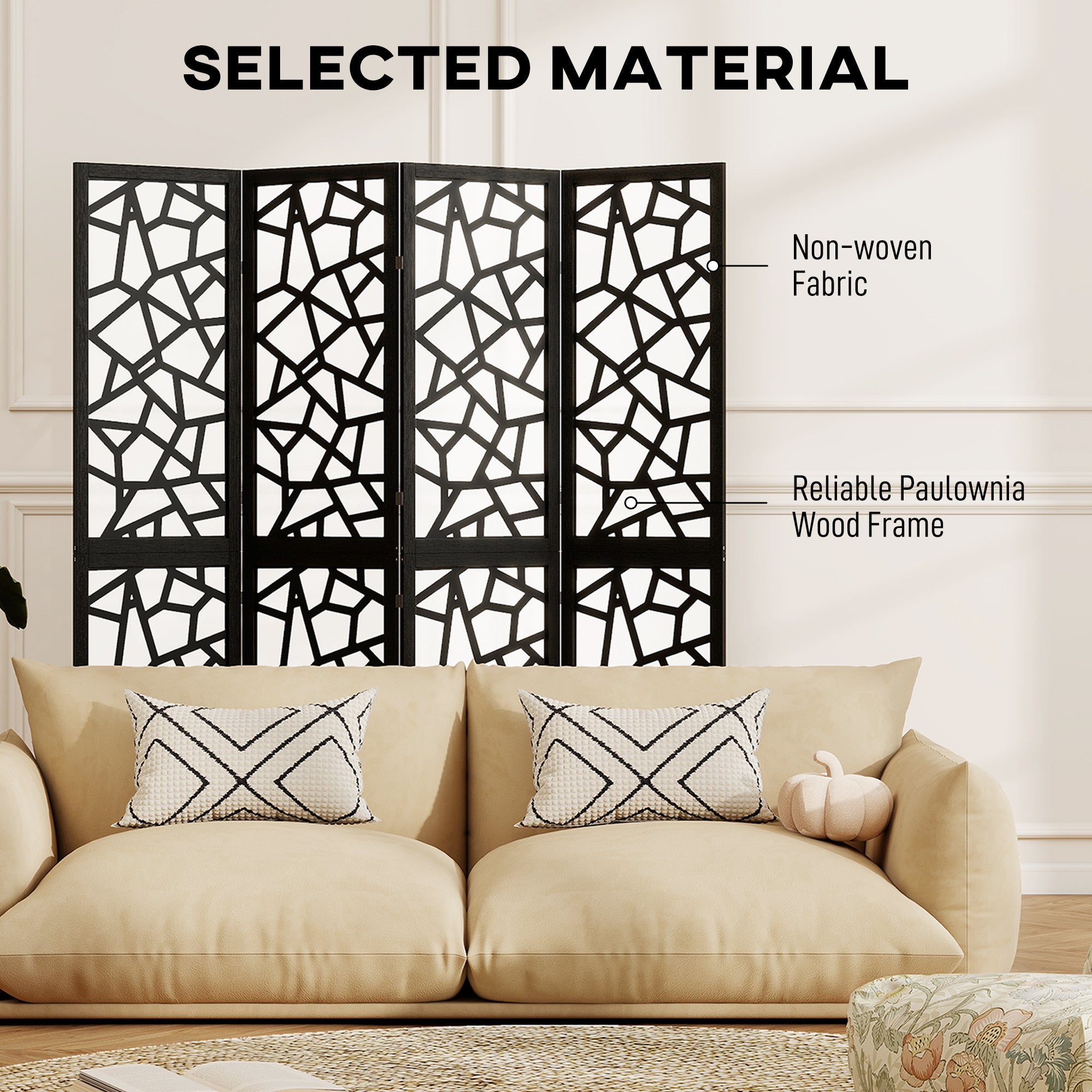 4 Panel Room Divider, 5.6 FT Lightweight Folding Privacy Screen with Geometric Pattern for Living Room, Bedroom, Black