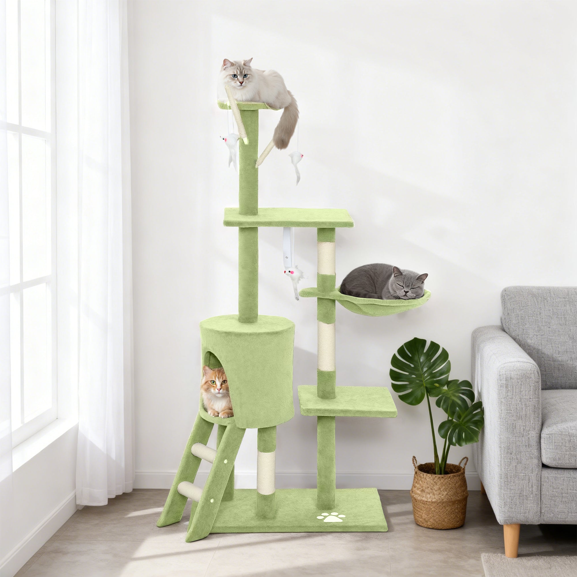 53" Cat Tree Tower, Kitten Activity Centre with Scratching Posts, Condo, Perches, Ladder, Hammock, Dangling Toys, Green