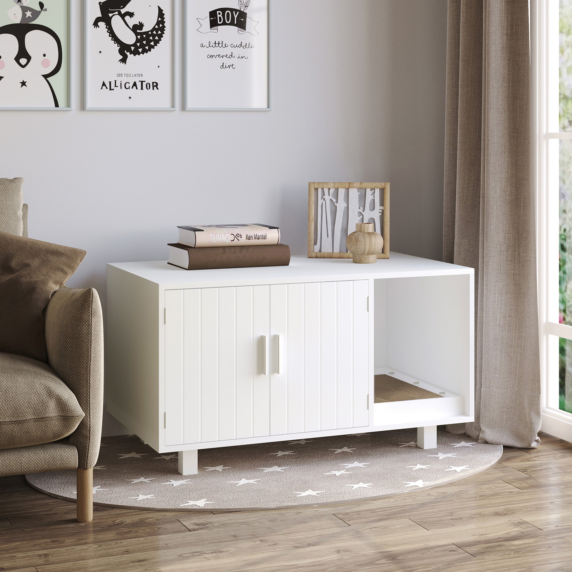 Meuble cache-litière pour chat, meuble-litière dissimulé, maison pour chat avec compartiment toilettes et griffoir, table d’appoint