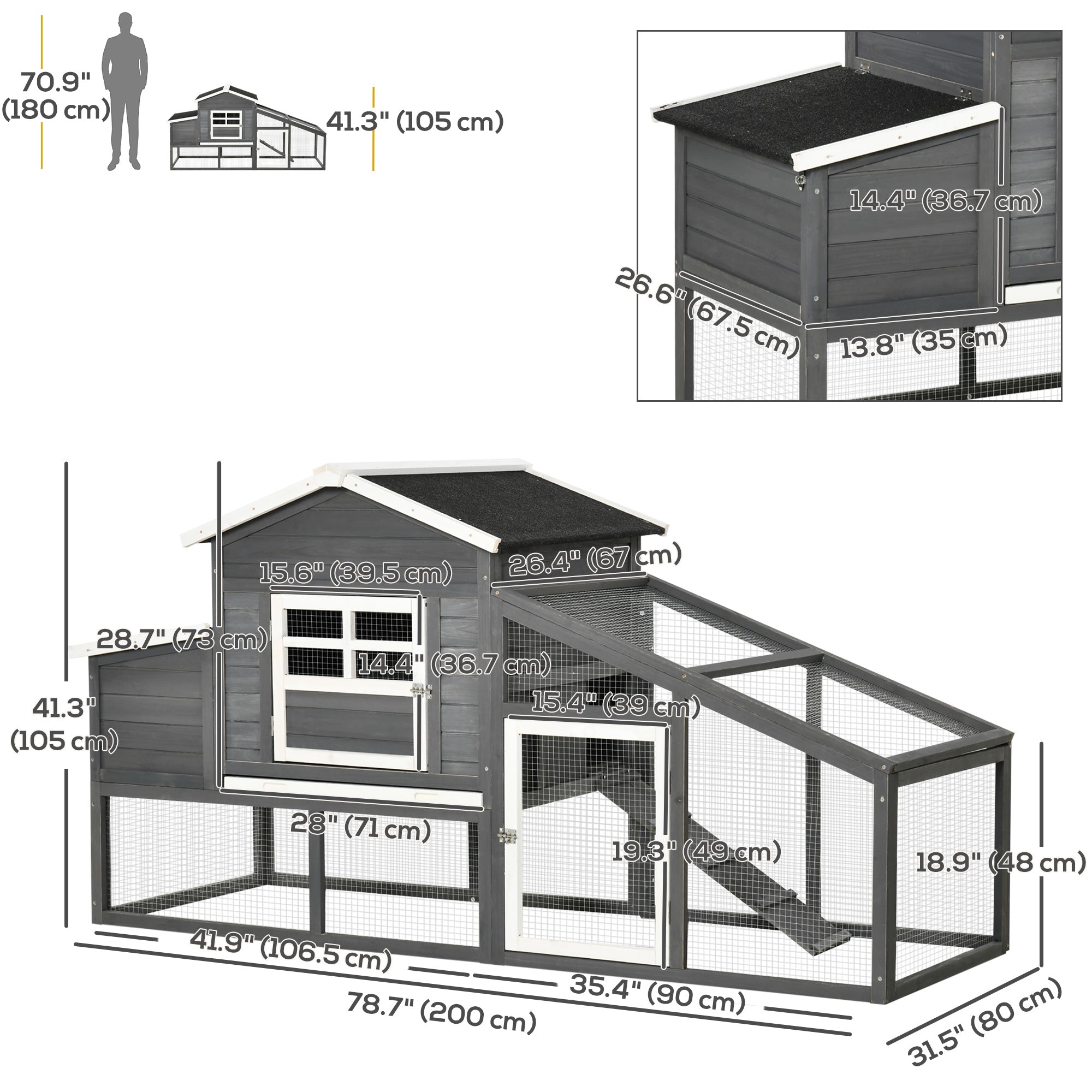 79" Wooden Chicken Coop, Outdoor Hen House, Poultry Habitat with Removable Tray, Nesting Box, Run, Ramp, Grey