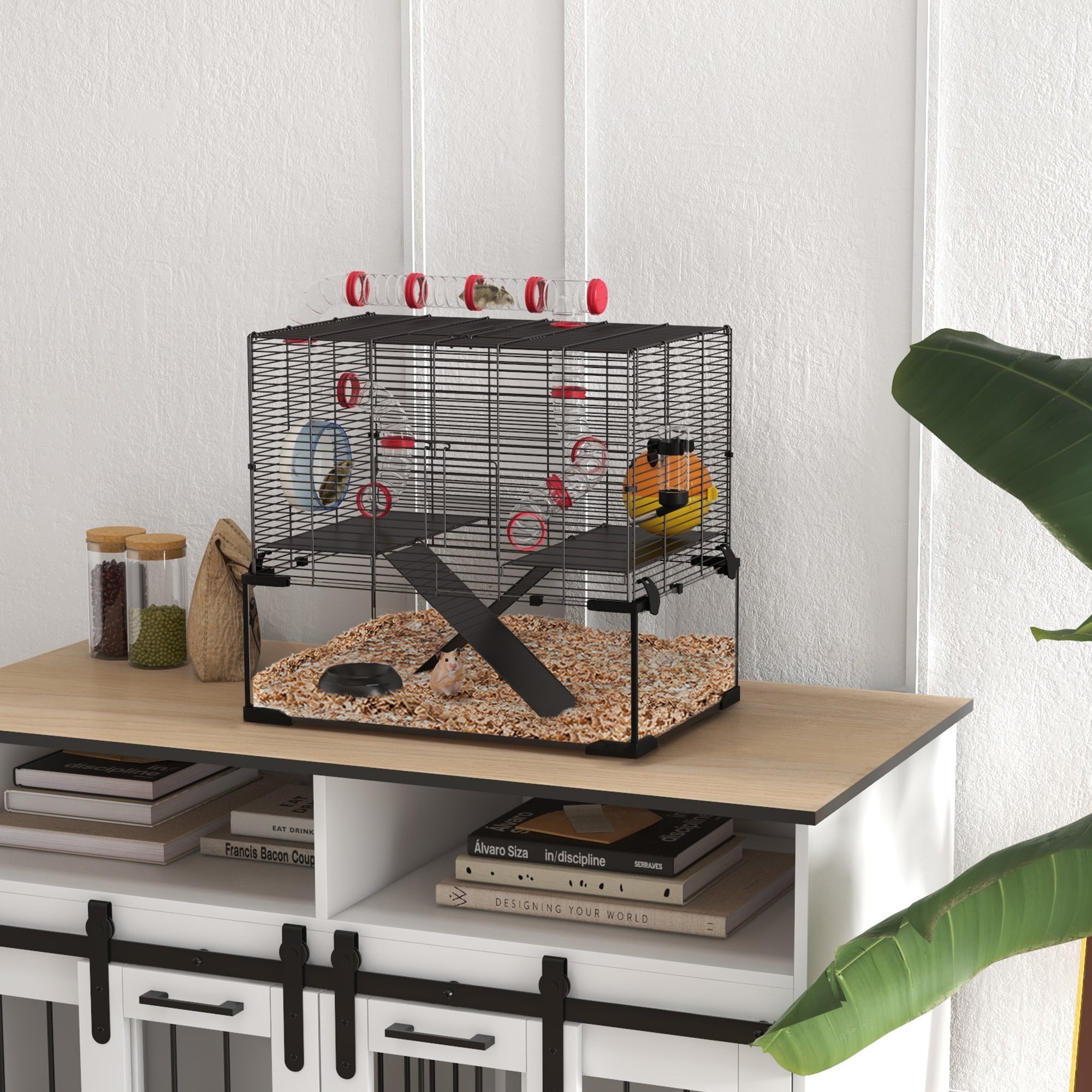 Hamster Cage with Deep Glass Bottom, Tunnel Tube System, Platforms, Hut, Exercise Wheel, Water Bottle, 24" x 16" x 22"