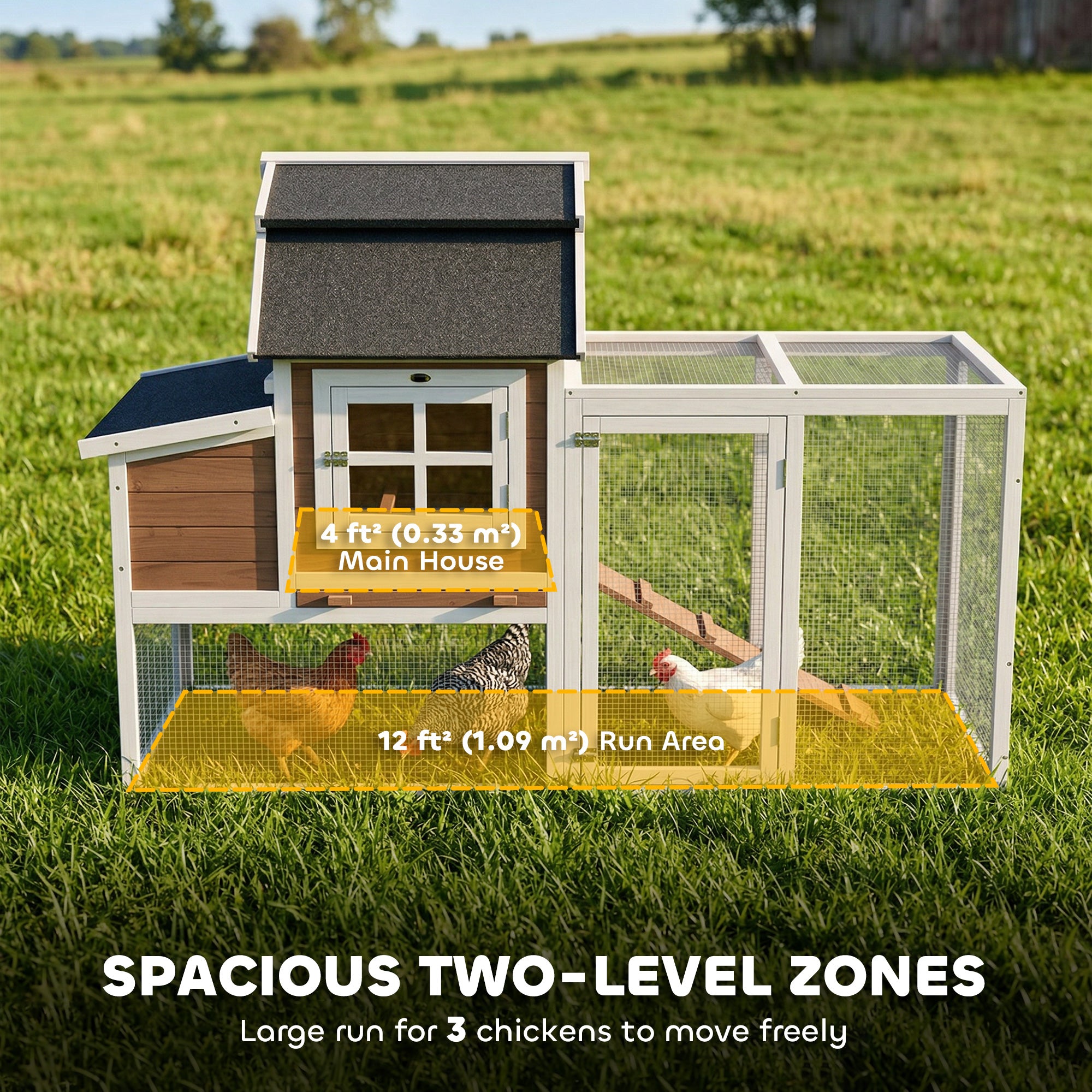 71" Chicken Coop for 3 Chickens, Wooden Hen House with Run, Removable Tray, Nesting Box, Waterproof Asphalt Roof