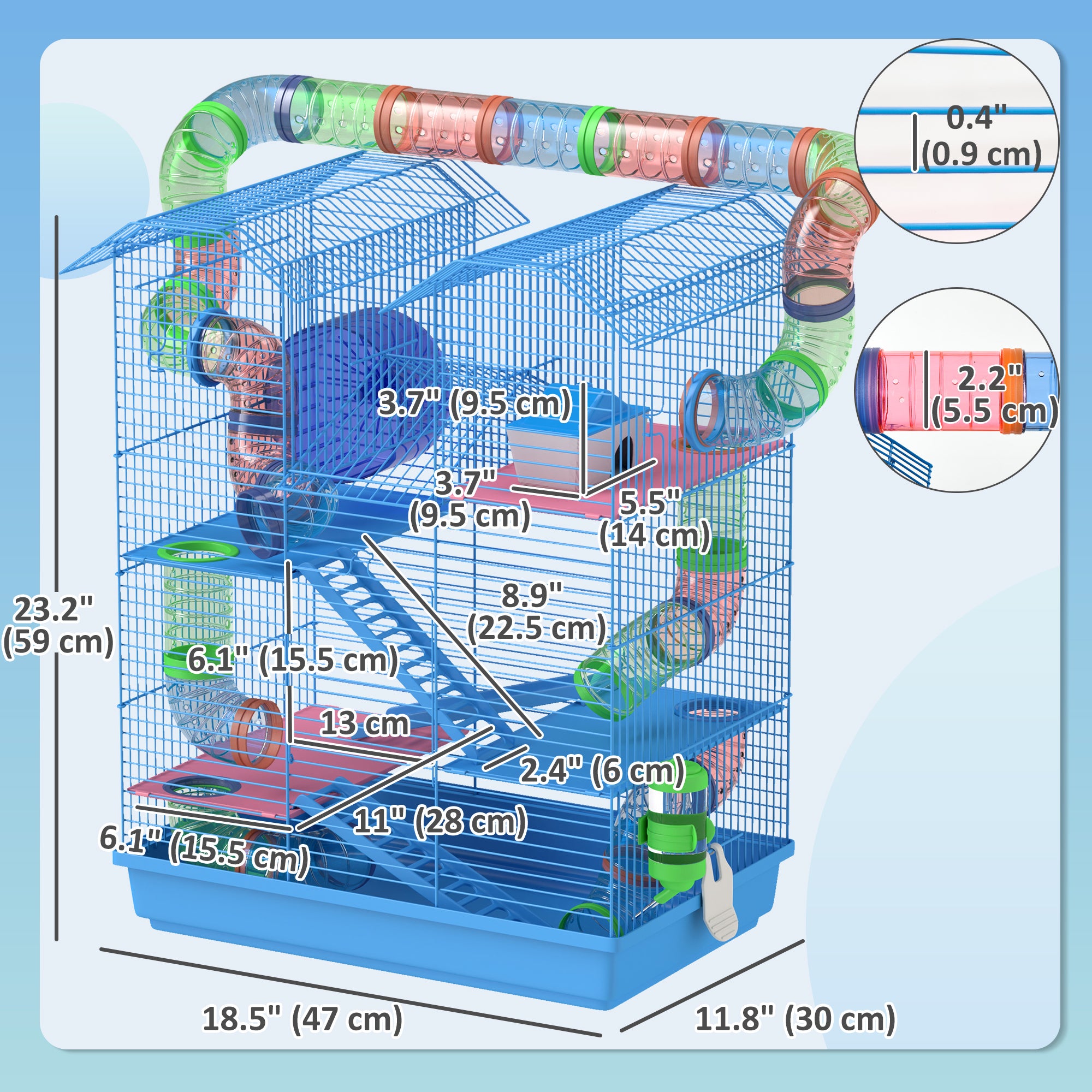 18.5" Hamster Cage, 5 Tiers Small Animal House with Tunnel Tube System, Exercise Wheel, Water Bottle, Blue
