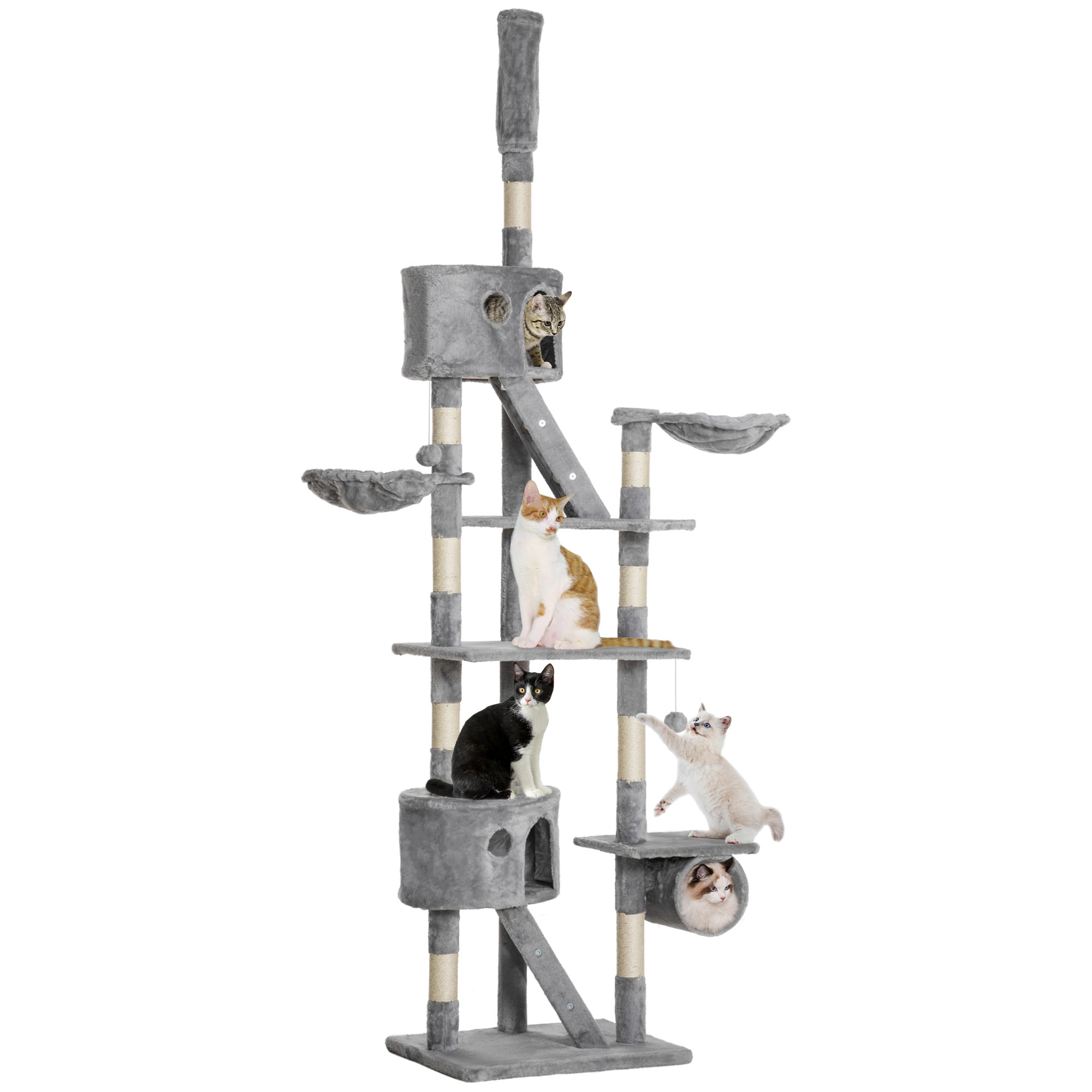 Arbre à chat géant de 94"-102" de hauteur, condo pour chat allant jusqu’au plafond, poteau à griffer, centre d’activités, maison de jeu multiniveau, gris clair