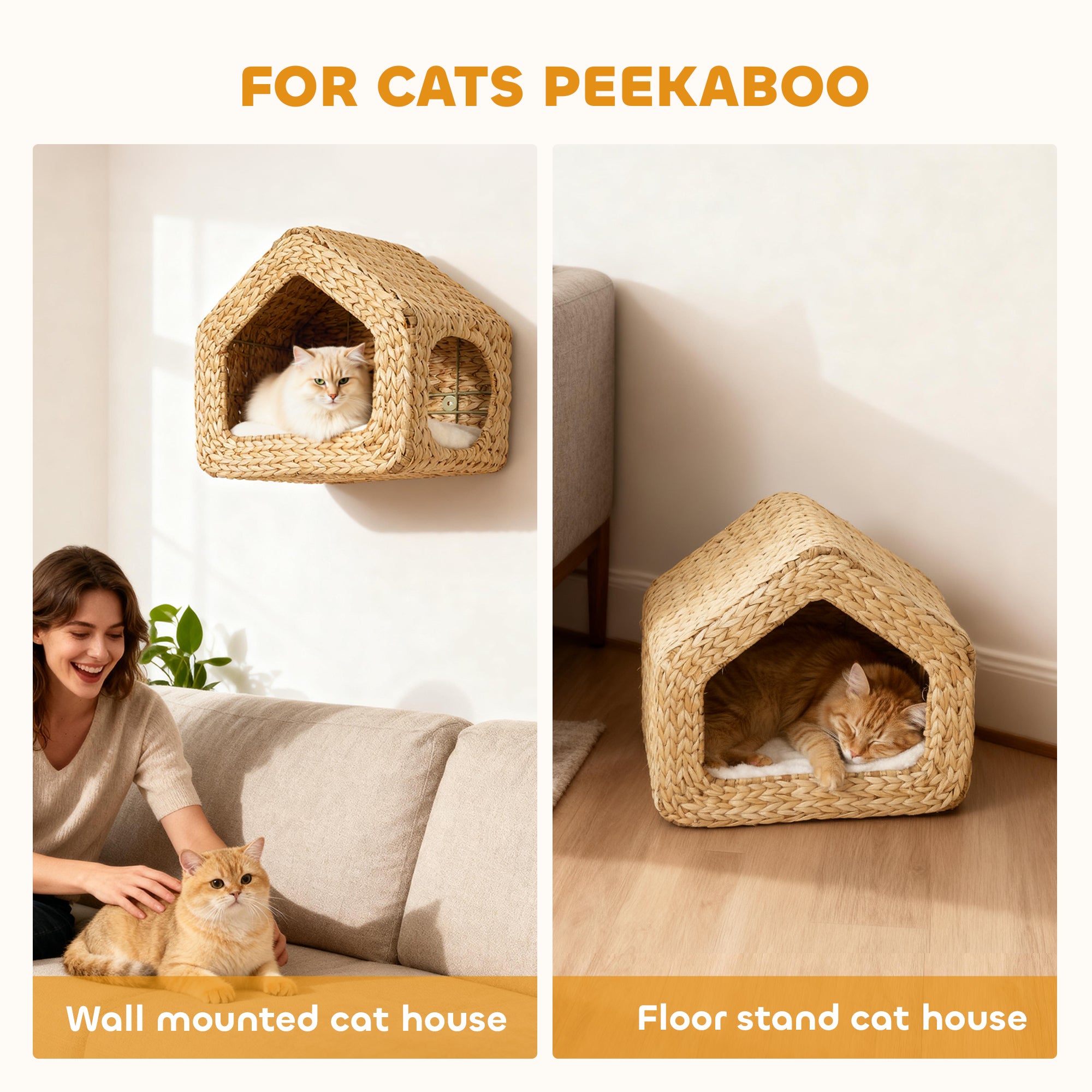 Cat Wall Shelf, Wall Mounted Cat House with Washable Cushion, Kitty Shelf Furniture for Indoor Kittens, Natural