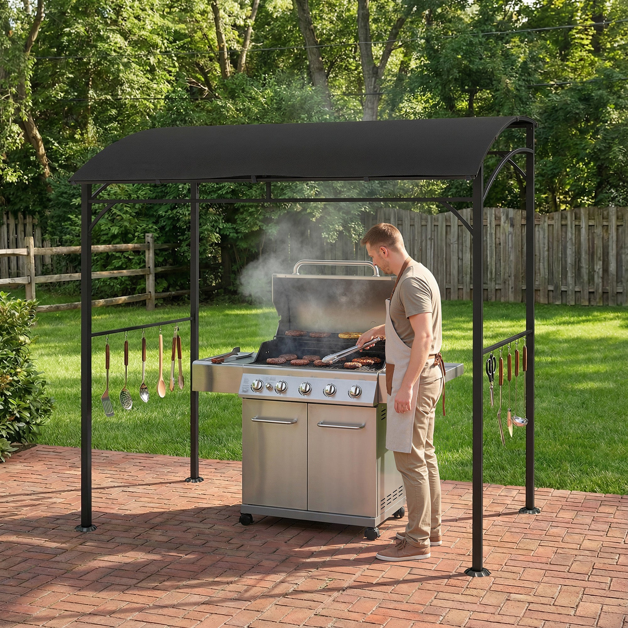 7' x 5' BBQ Grill Gazebo - Black Steel Frame Canopy