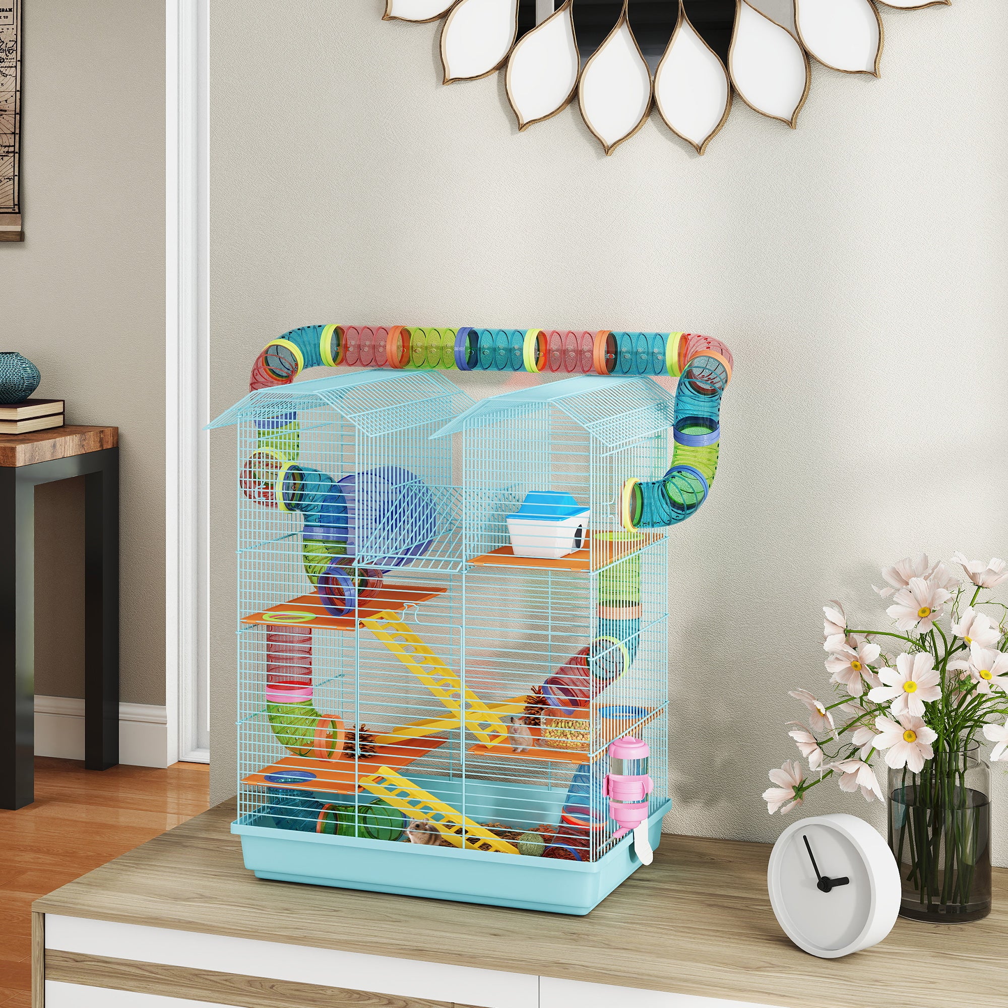 18.5" Hamster Cage, 5 Tiers Small Animal House with Tunnel Tube System, Exercise Wheel, Water Bottle, Light Blue