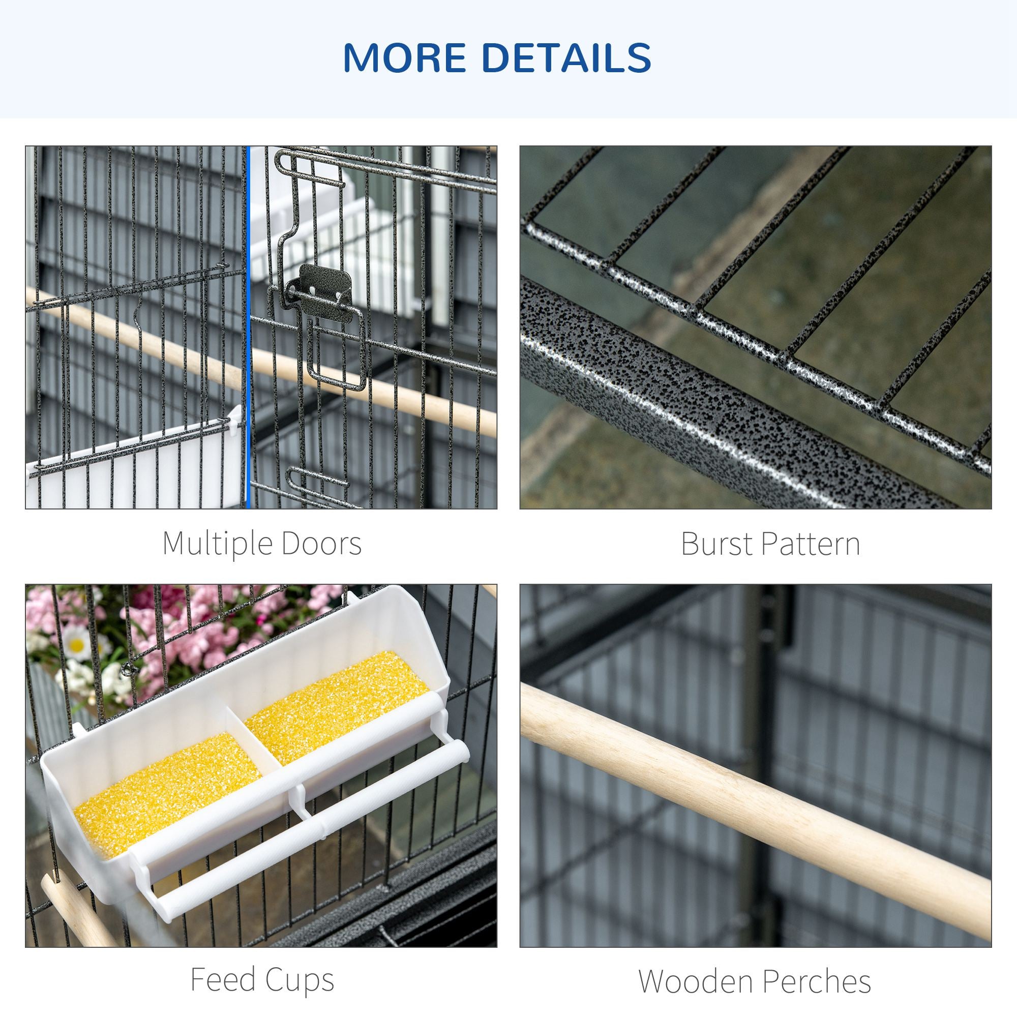 52'' Large Rolling Steel Bird Cage Bird House with Rolling Stand, Storage Shelf, Wood Perch, Food Container, Dark Grey