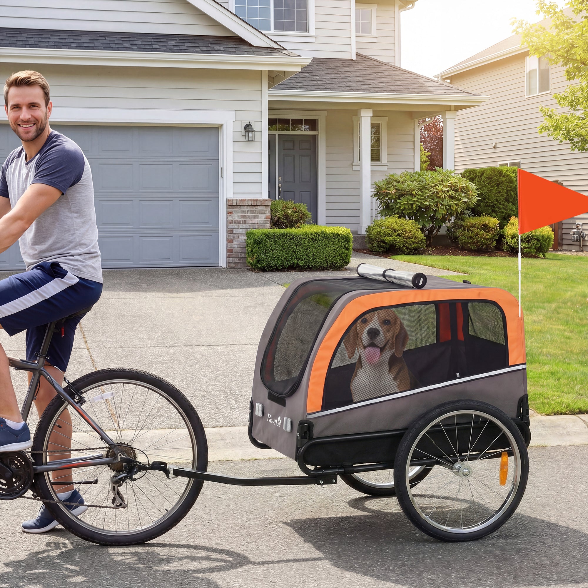 Dog Bike Trailer, Pet Cart Wagon Cart Carrier Attachment for Travel with 2 Doors, Large Wheels, Safety Flag