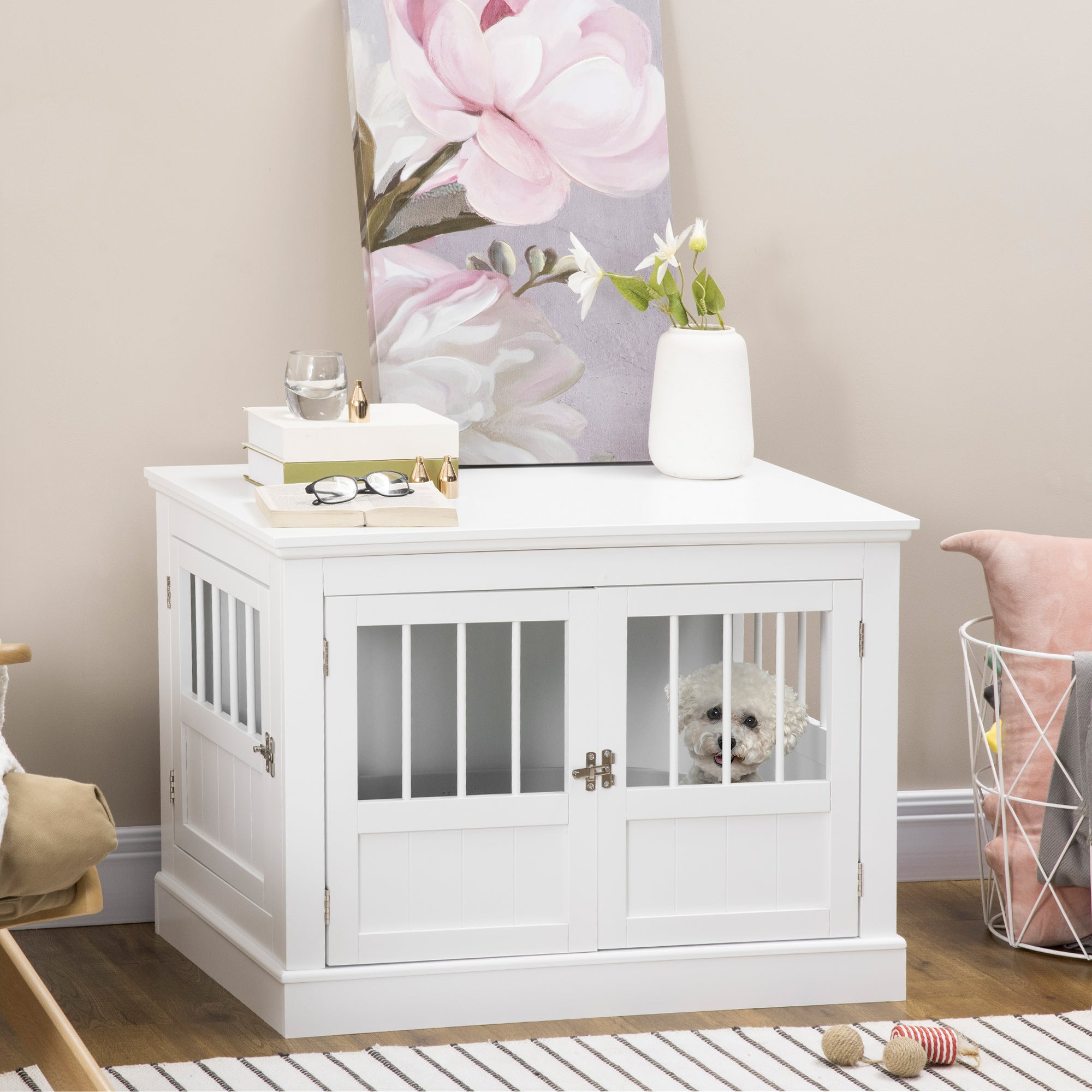 Meuble cage pour chien de 31" servant de table d’appoint à trois portes pour petits chiens, blanc