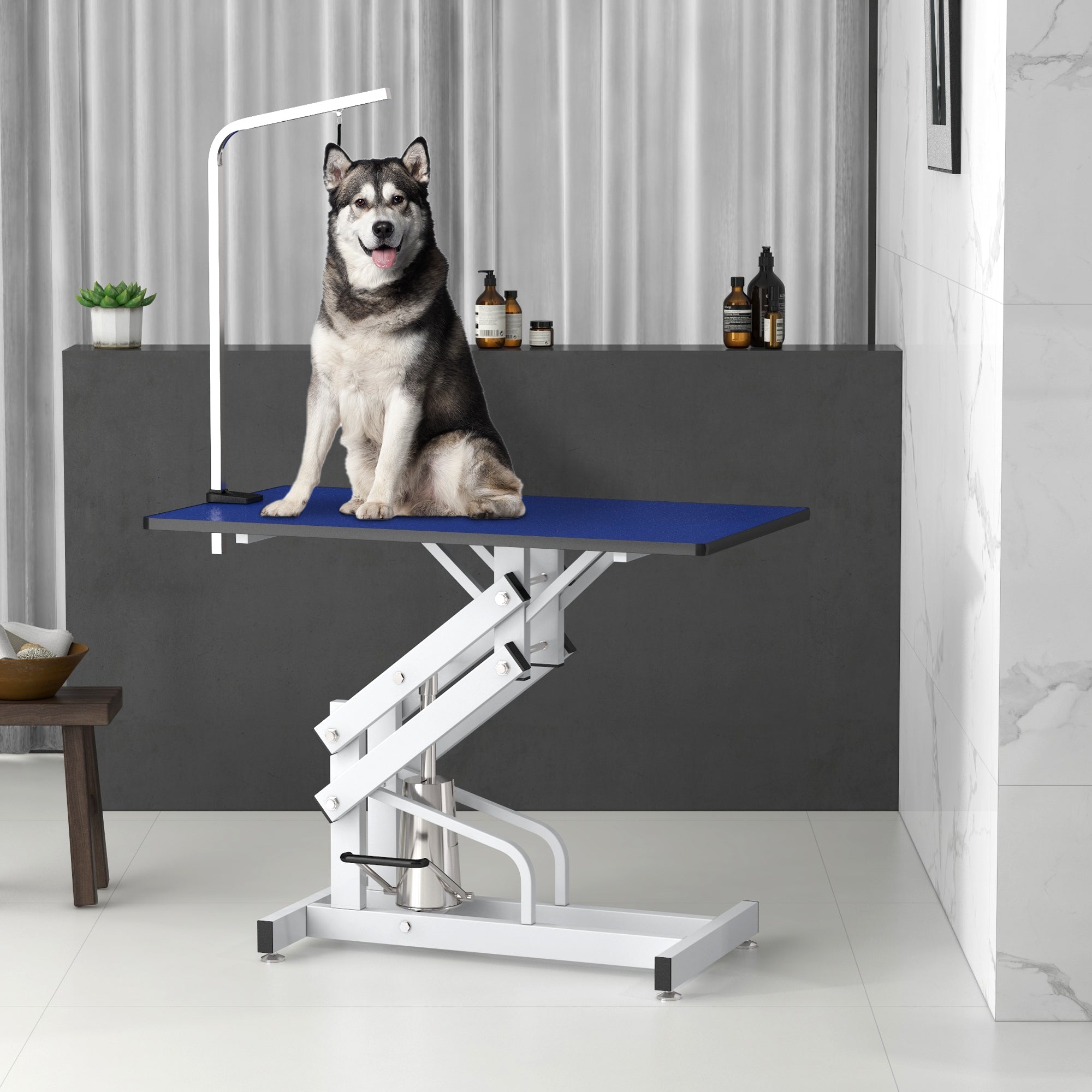 Pet Grooming Table, Height Adjustable Dog Grooming Table with Arm, Noose and Non-Slip Grooming Table, Blue
