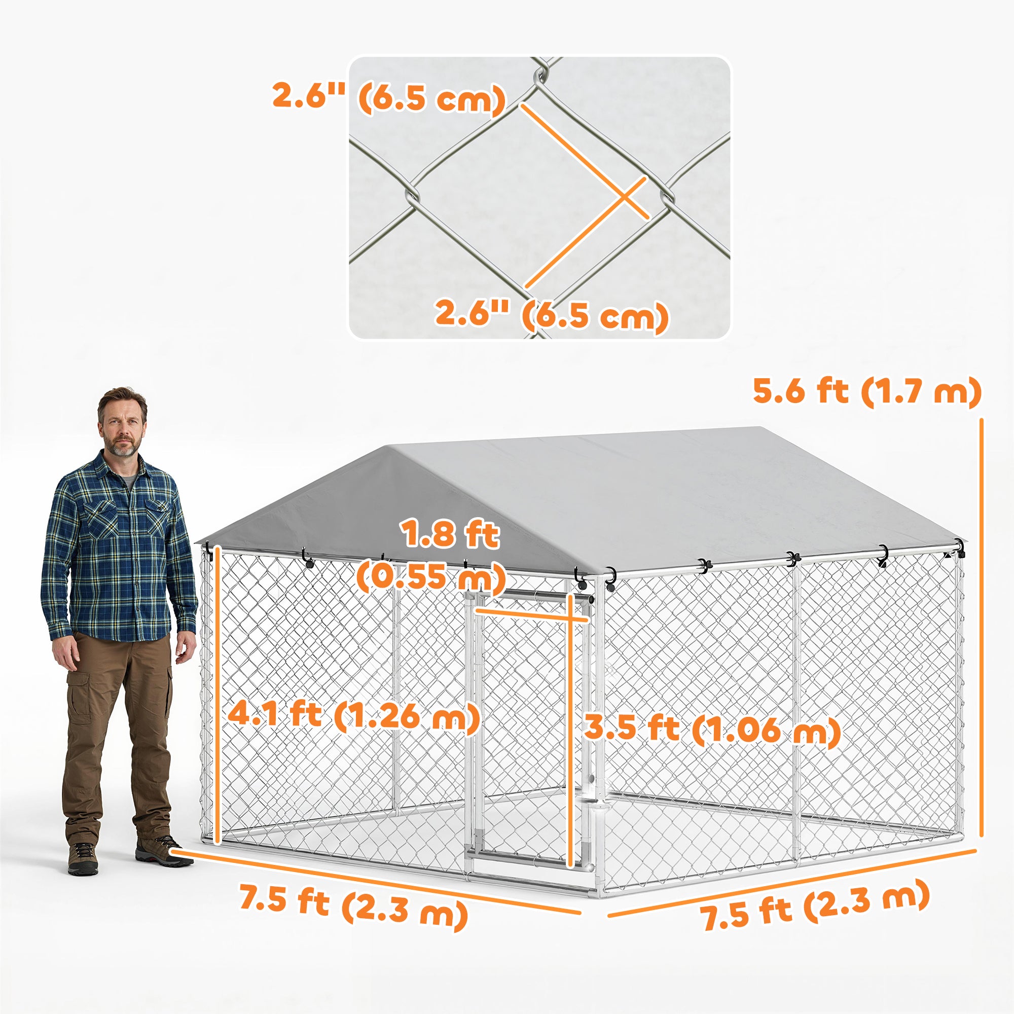 7.5' x 7.5' x 5.6' Outdoor Dog Kennel Heavy Duty Galvanized Steel Chain Link with UV-resistant Roof, Silver