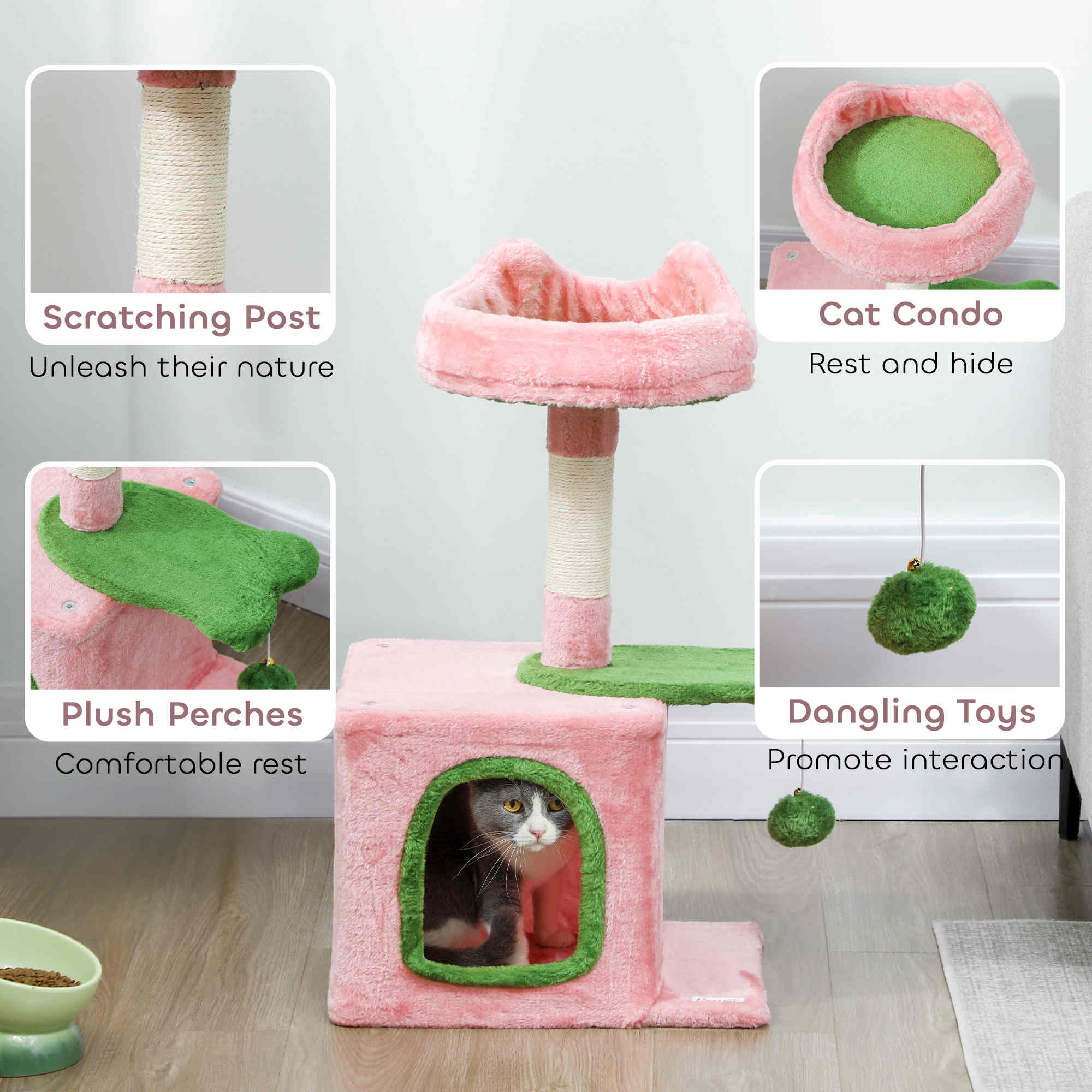 28" Cat Tree Tower with Plush Top Bed, Cozy Condo, Sisal Scratching Post, Perch, Dangling Ball, Pink & Green