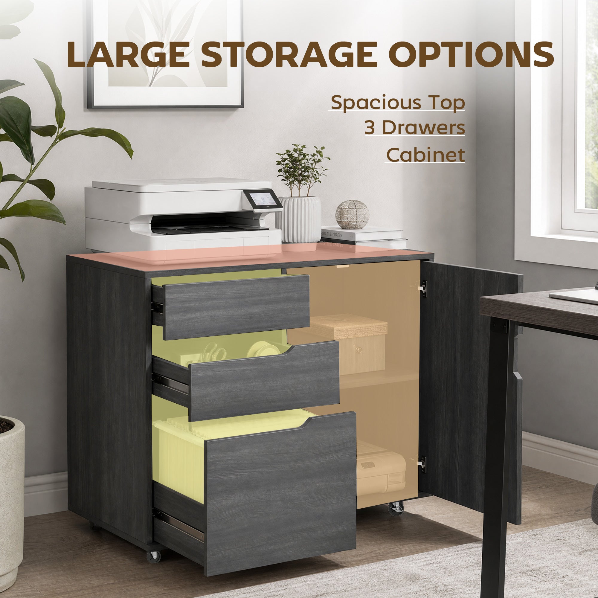 3-Drawer Filing Cabinet with Adjustable Shelf - Black Wood Grain