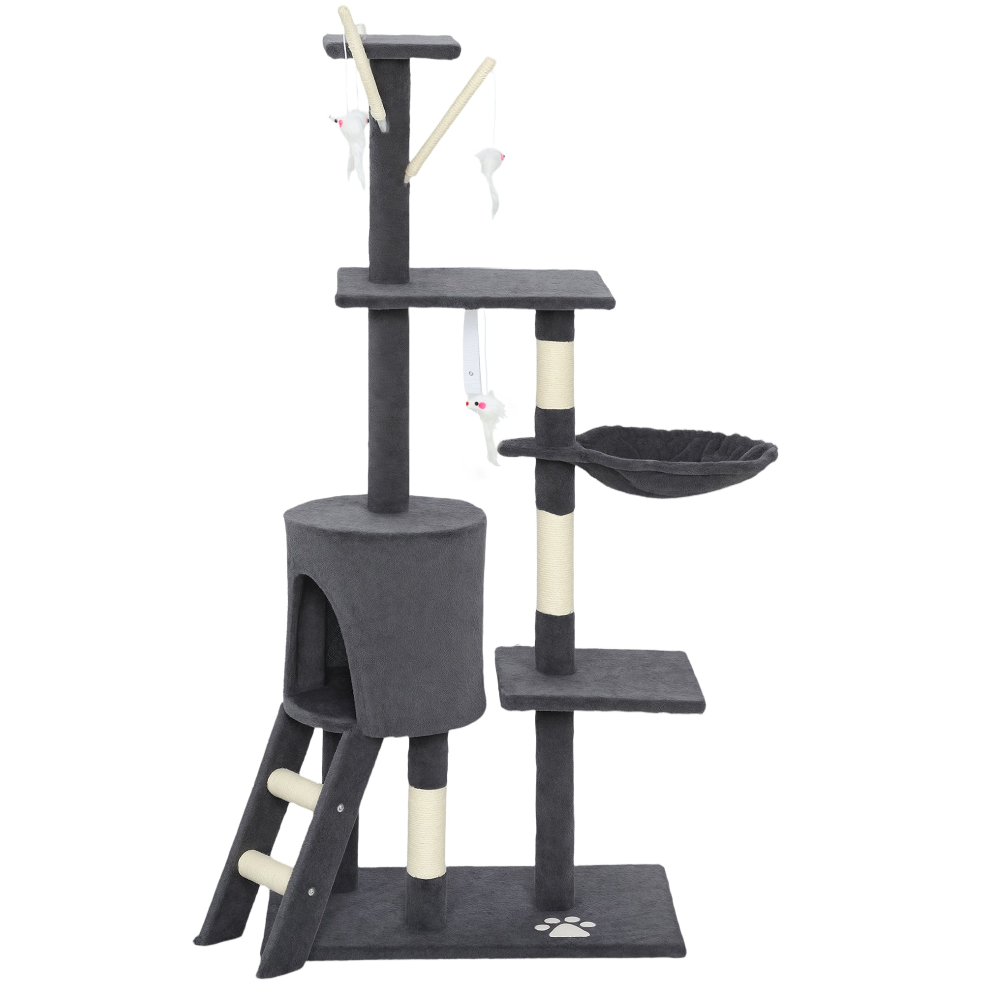 53" Cat Tree Tower, Kitten Activity Centre with Scratching Posts, Condo, Perches, Ladder, Hammock, Dangling Toys, Dark Grey