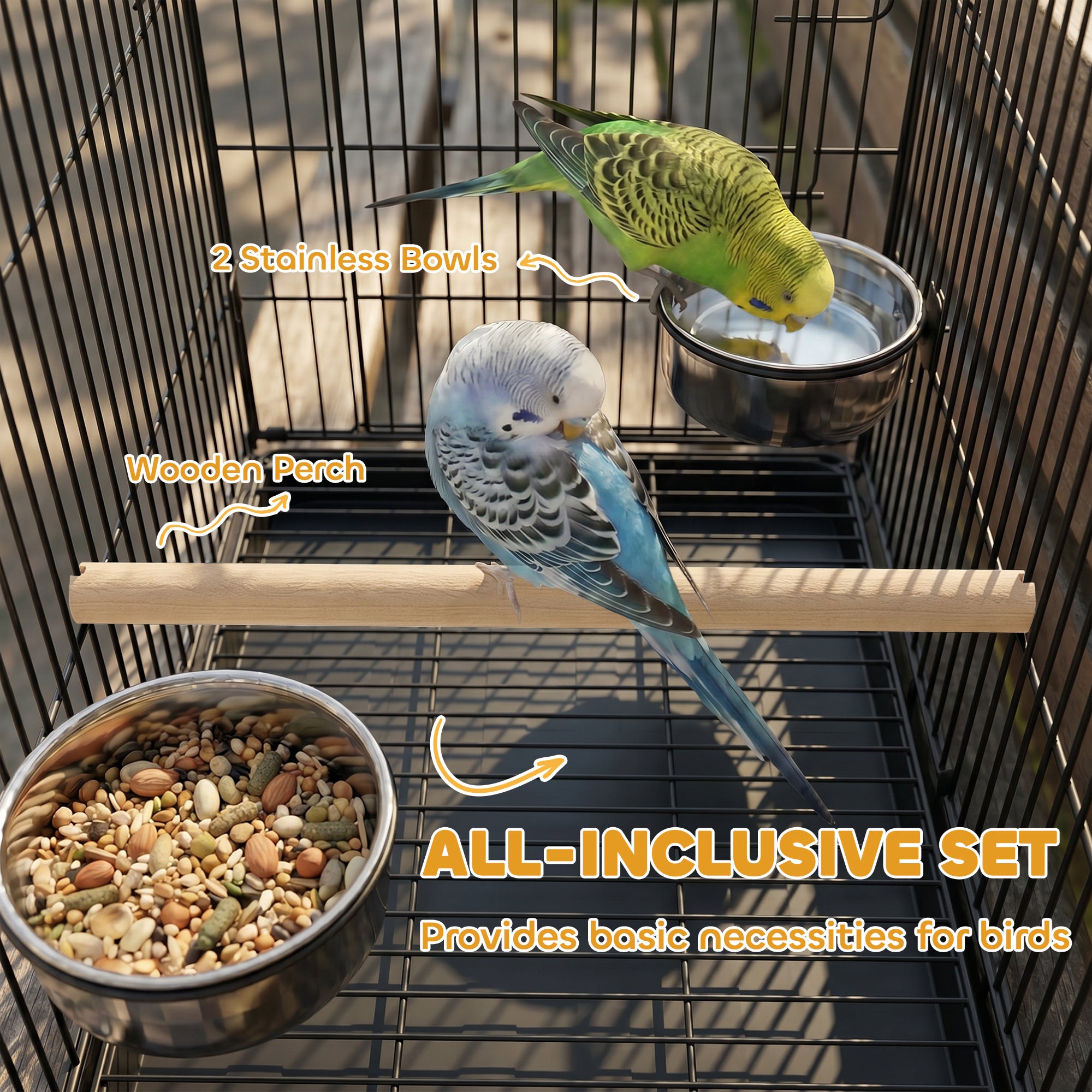 Bird Cage Portable w/ Slide-Out Tray Travel Cage for Parakeets w/ Perch & Food Bowls Black