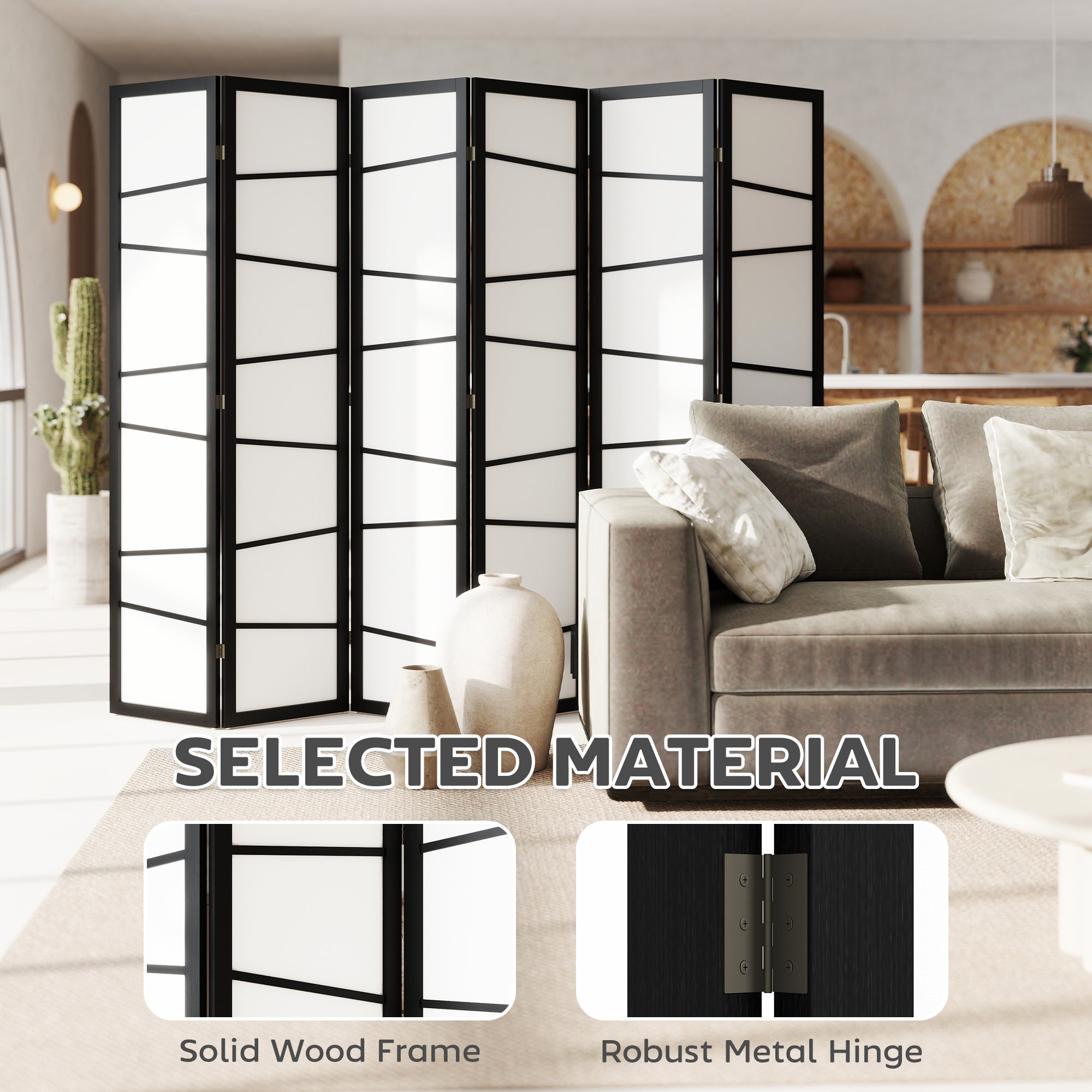 66.9" Folding Room Divider, 6 Panel Wall Partition with Wood Frame for Bedroom, Home Office, White