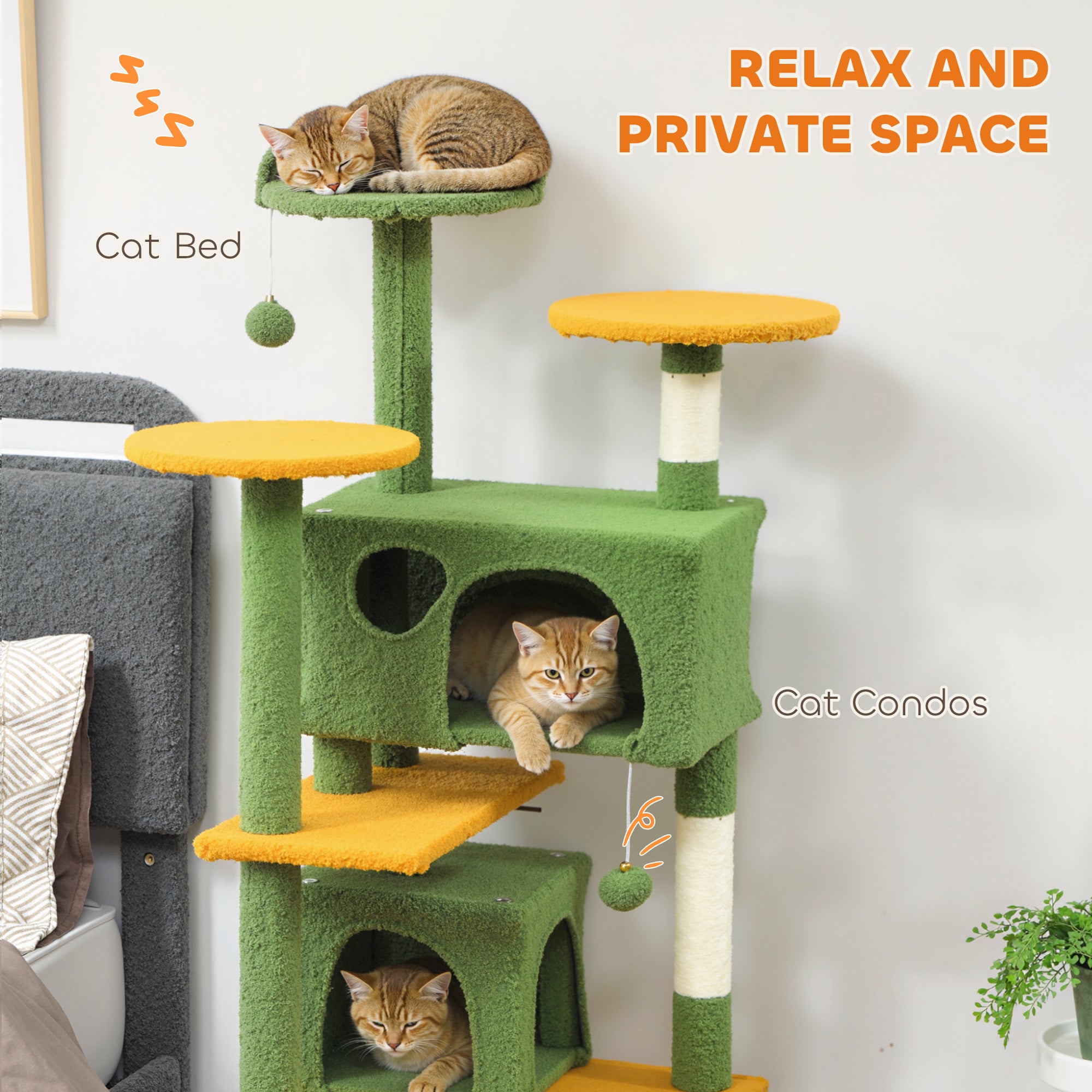 54" Cat Tree, Multi-Level Cat Tower with Scratching Posts, Cat Condos, Bed, Platforms, Ramp, Toy Ball, Green