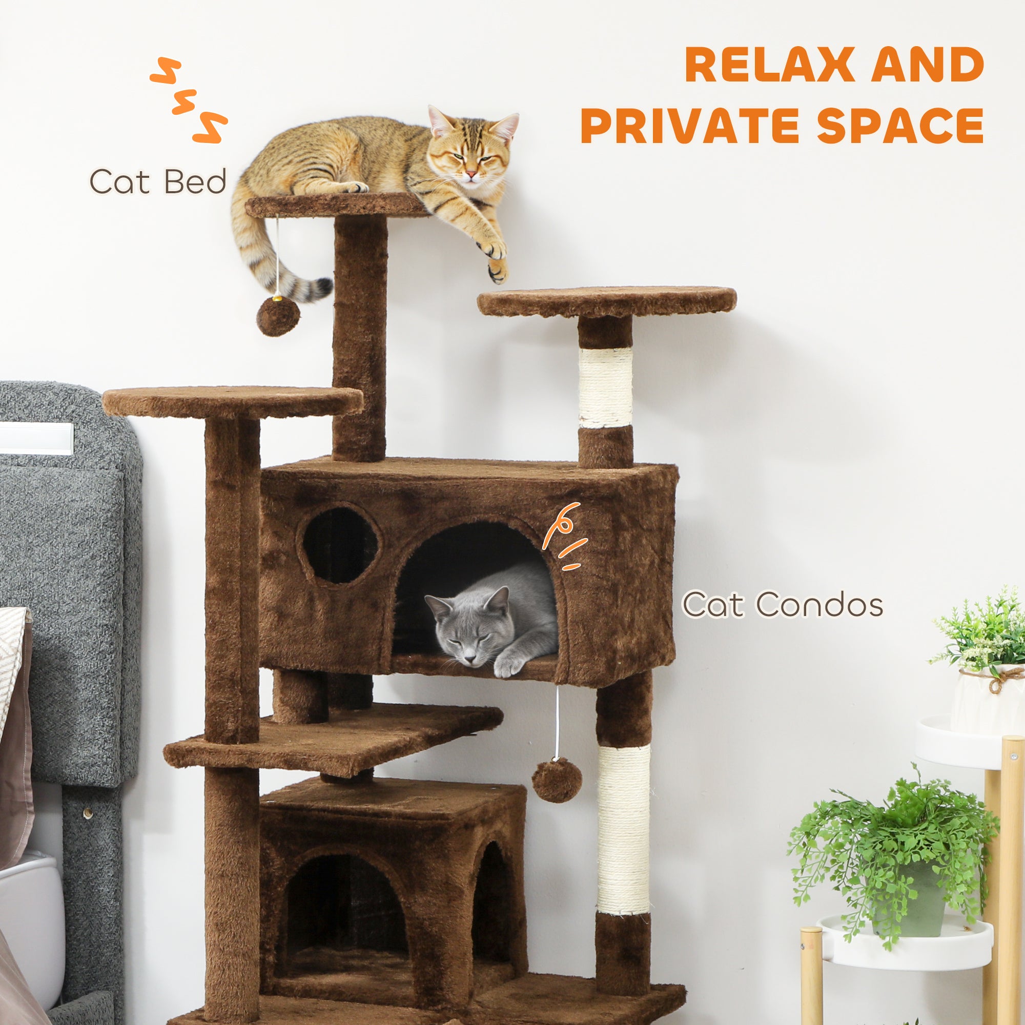 54" Cat Tree, Multi-Level Cat Tower with Scratching Posts, Cat Condos, Bed, Platforms, Ramp, Toy Ball, Light Brown
