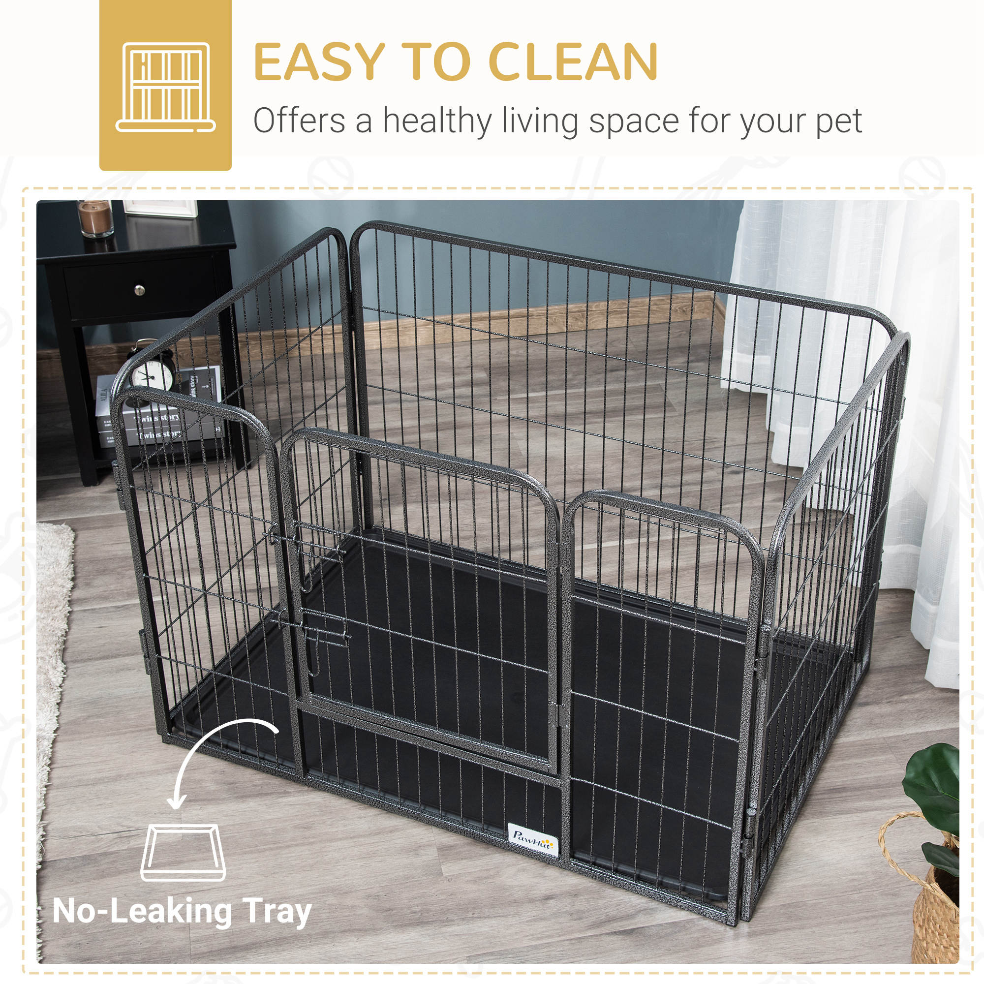 Parc pour chien à 4 panneaux, clôture pour chien robuste, parc portable pour animaux de 28" de haut avec porte à double verrouillage, bac, gris