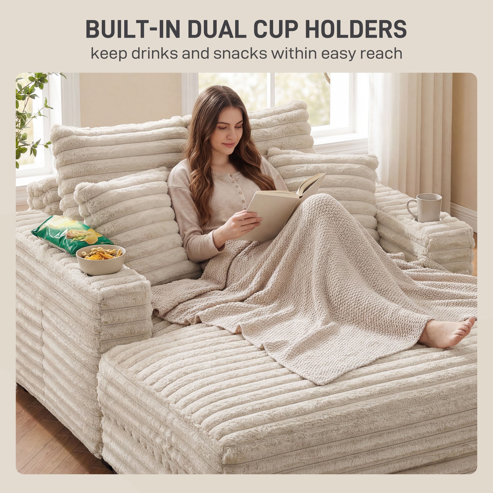 60" Chaise Lounge Chair, Oversized Upholstered Sofa Bed with Cup Holders & Pillows, Sleeper Couch for Living Room, Beige-Home Furnishings > Living Room Furniture > Sofas & Reclining Chairs-DECOROLALA