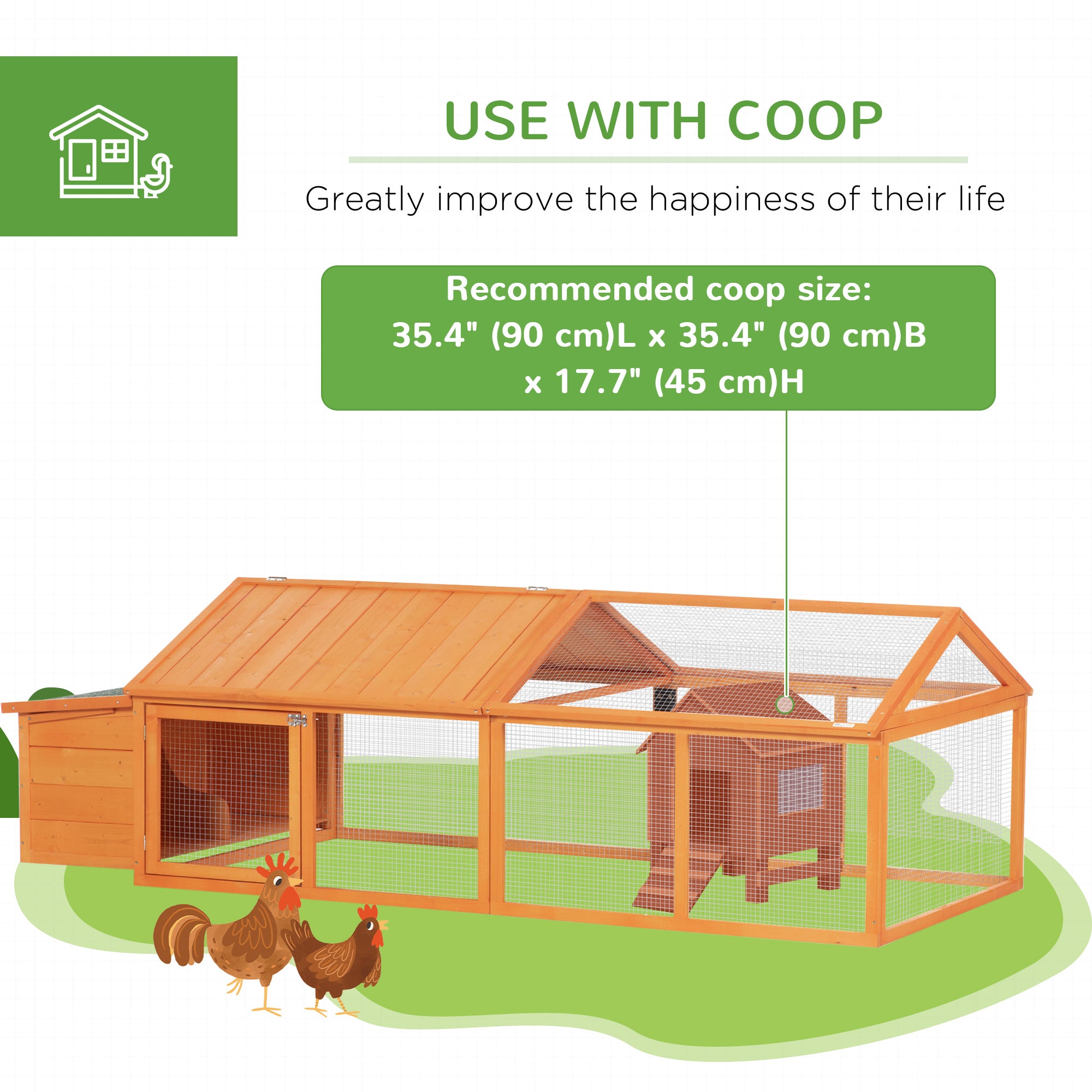 95"L Chicken Run Large Chicken Coop with Nesting Box Wooden Roof Side Door for Outdoor 4–8 Chickens
