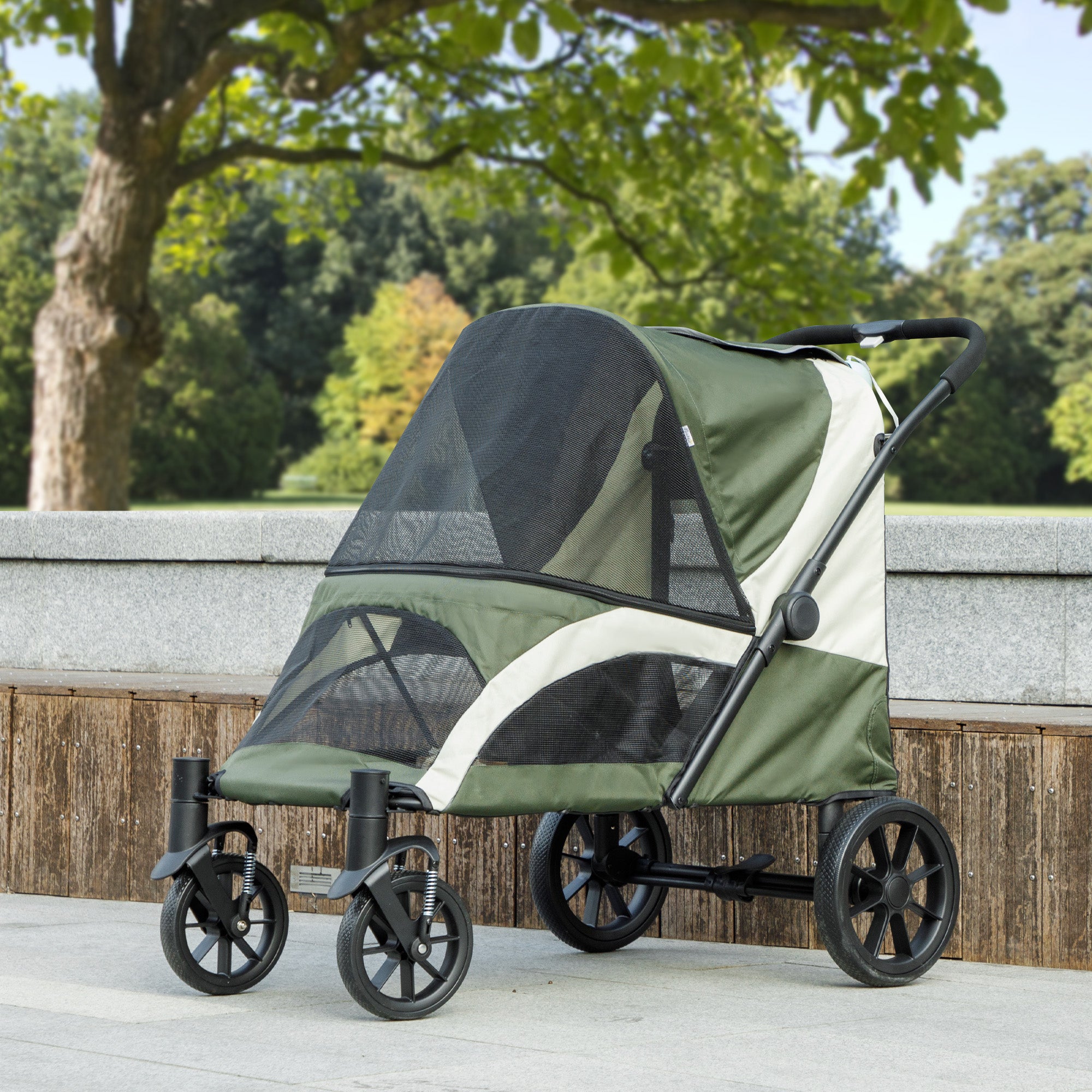Foldable Pet Stroller for Medium Dogs with Four Big Wheels, Shock-Absorbing Frame, Safety Leashes, Brakes, Dark Green