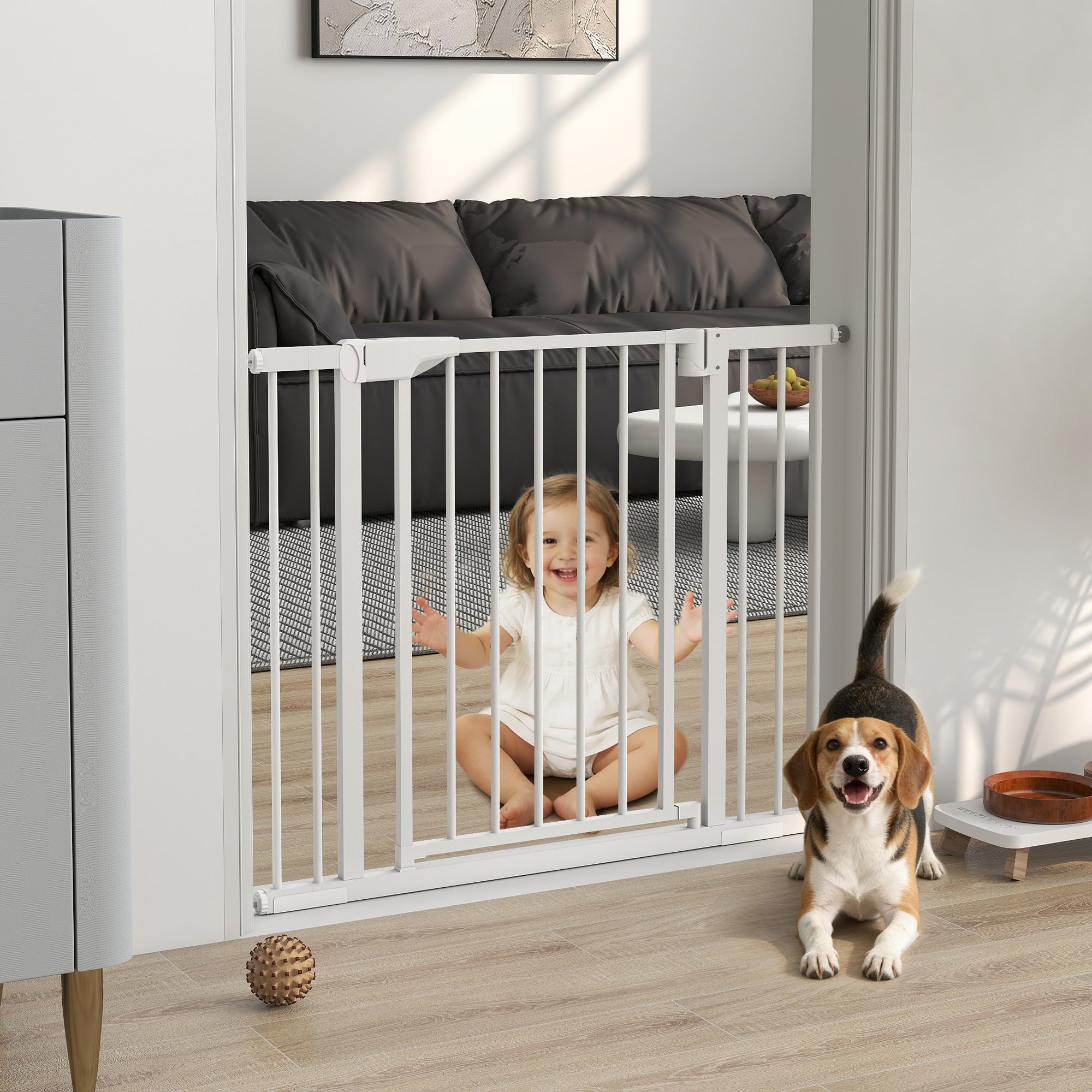 Baby Gate, Pet Safety Gate Pressure Fit, Wide with Two-Way Open, Auto-Close for Stair, Doorways, Hallways, 30"H, White