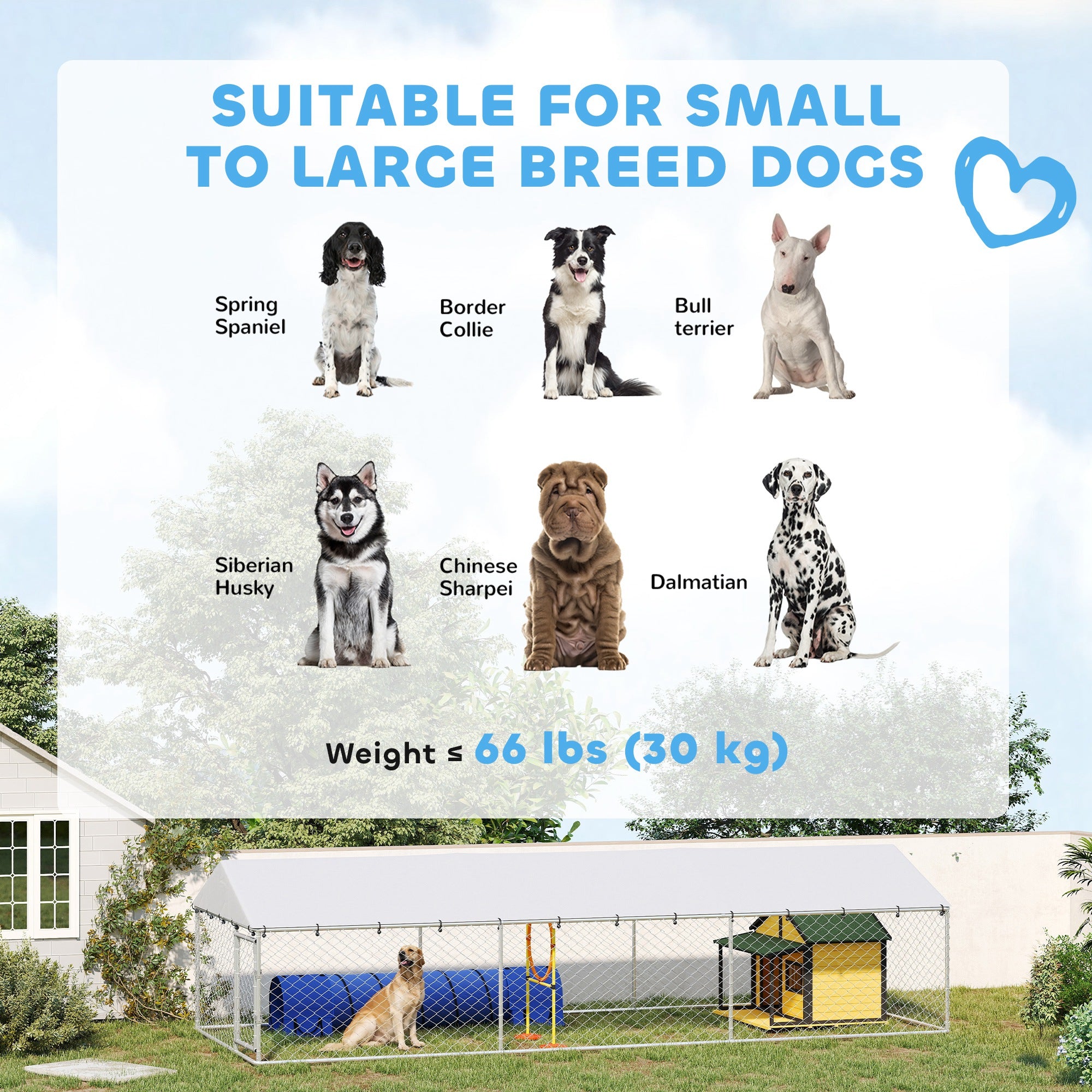 Chenil extérieur pour chien de 19.7' x 7.5' x 4.9', en acier galvanisé robuste avec grillage à mailles losangées et toit résistant aux UV, argenté