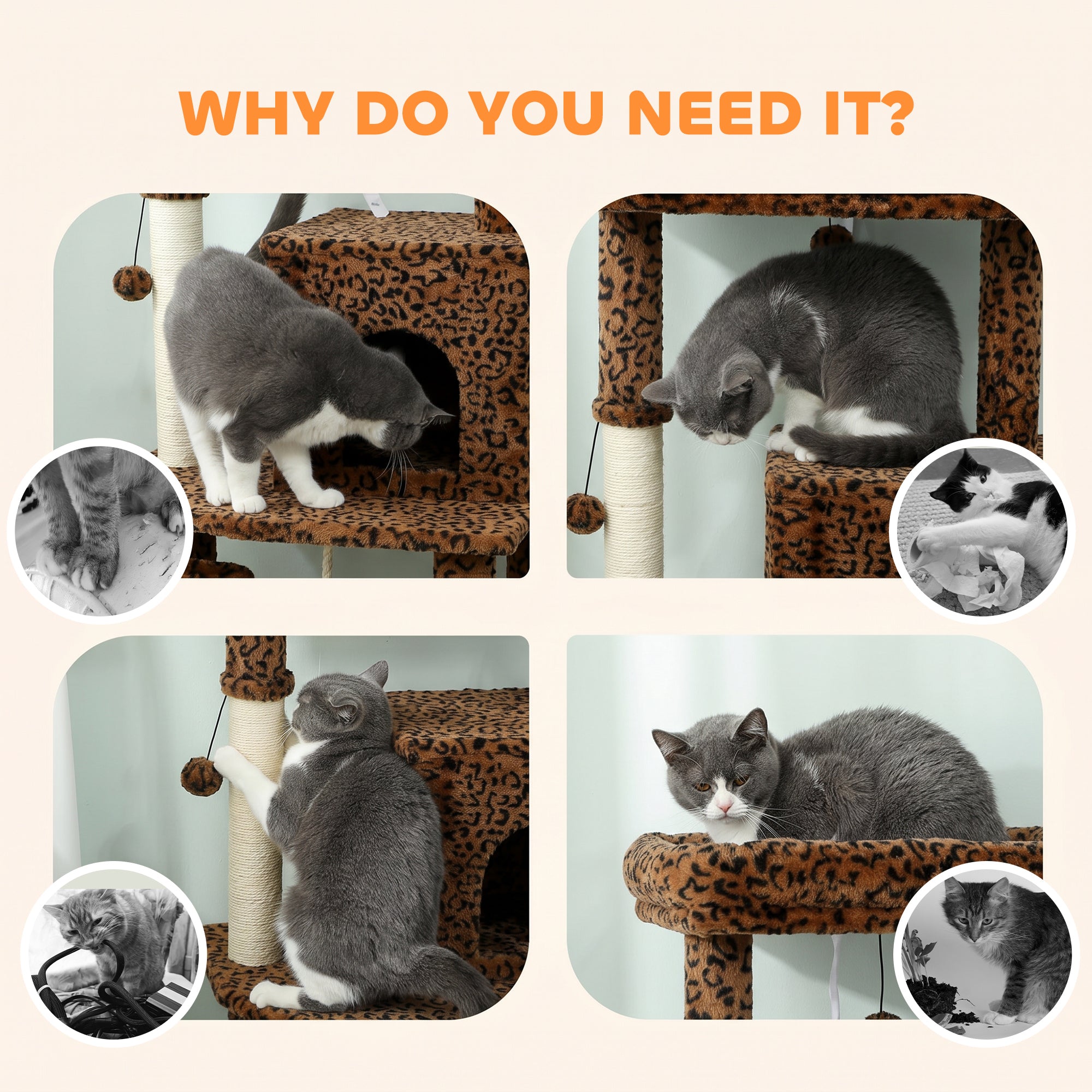 52 Inch Cat Tree with Scratching Posts, Cat Bed, Condo, Jumping Platforms, Toy Balls, Anti-tip Kit