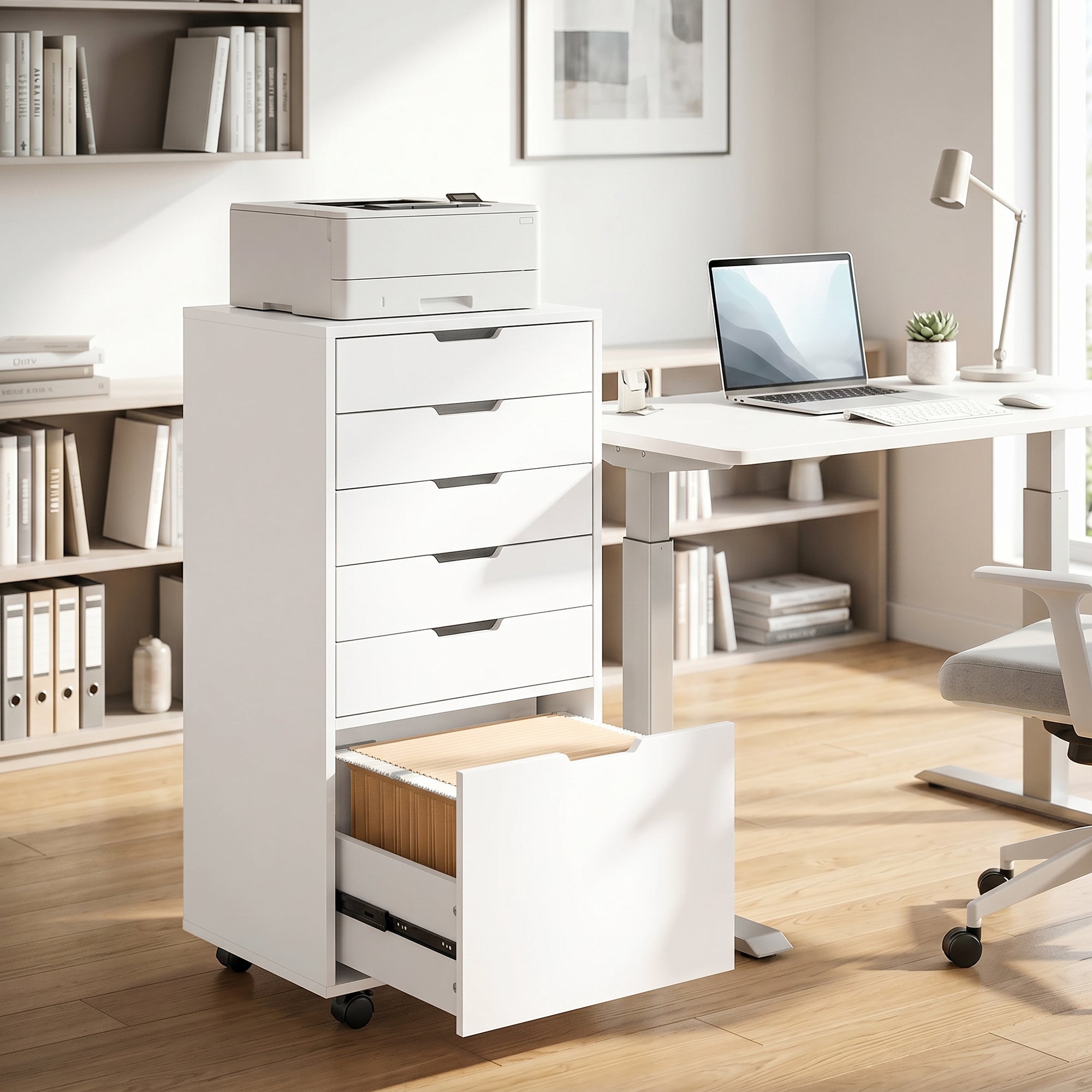 File Cabinet on Wheels Mobile Printer Stand with 6 Drawers for Home Office White-Office Products > Office Furniture > Office Cabinets & Cupboards-DECOROLALA