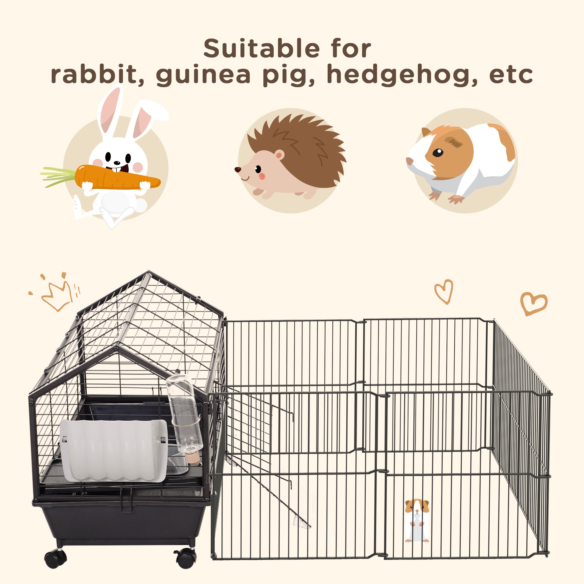 Guinea Pig Cage with Foldable Detachable Playpen, Rolling Rabbit Chinchilla Hedgehog Bunny Cage Small Animal Habitat with Water Bottle, Hay Feeder, 34.5" x 50.5" x 22"