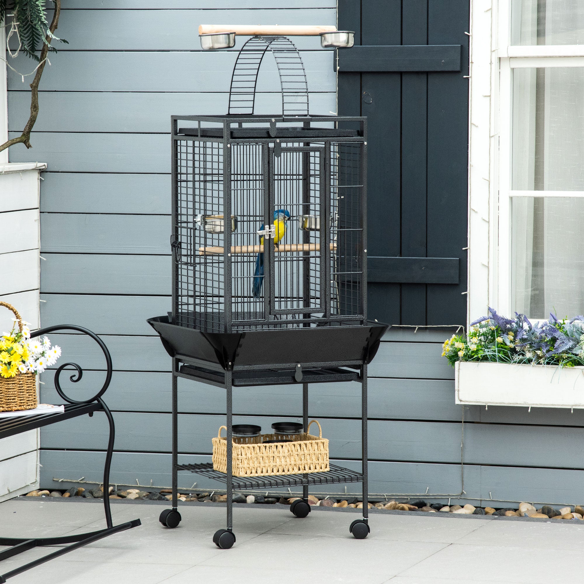 Cage à oiseaux de 61.5 pouces, maison pour perruches et calopsittes avec support, plateau amovible, aire de jeu supérieure, étagère de rangement, perchoir en bois et récipient à nourriture
